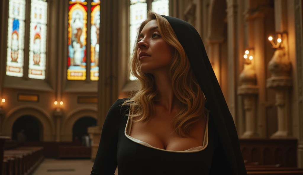 Front view, portrait , Charming Brigitte Bardot, nun, (black nun robe, cleavage), in church, looking at viewer, dim light passing through hair