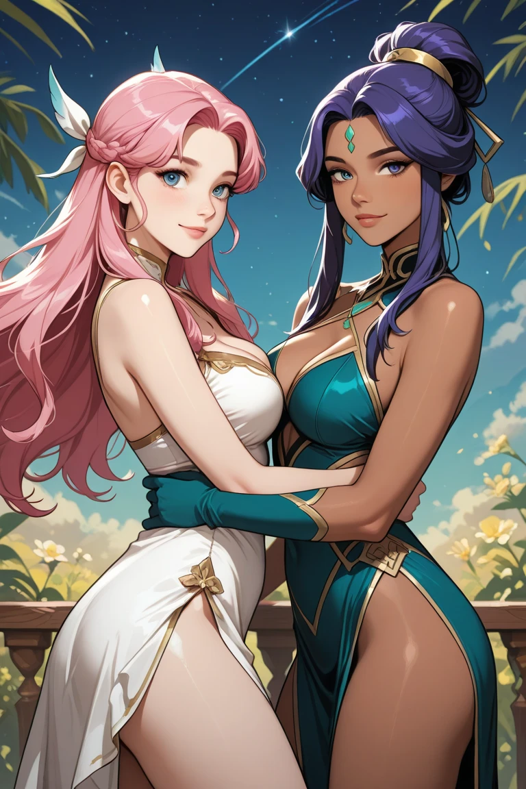 Kido_Saori, ((long purple hair, bangs, glowing blue eyes, perfect eyes, makeup, narrow waist, skinny, medium breasts, alone)), pelvic curtain, ((white panties, white bra, staff_Nikke,saori_accessories)), full body, perfect body, (insanely detailed, beautiful detailed face, masterpiece, best quality) , (((solo))), (((1girl))), (((mature))), (extremely detailed 8k paper CG wall unit: 1.1), (greece temple, dusk), (smile face for the viewer), 
