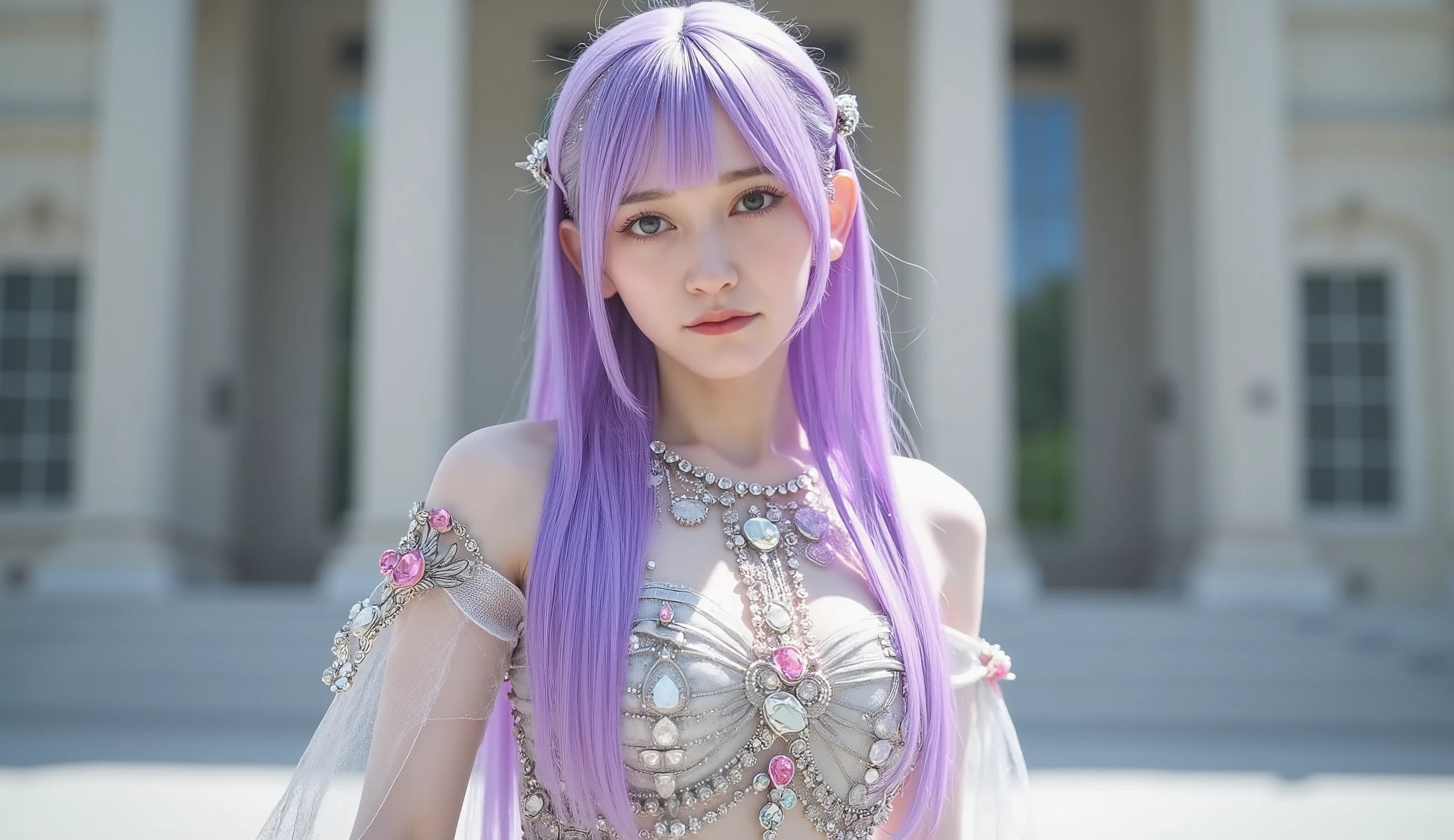  image of a goddess wearing jewels , Long straight light purple hair, Random Hairstyles, sexy sheer dress studded with jewels, Goddess dress with sheer fabric, (( costume adorned with white, pink, and blue jewels )), (big , Disconnect, Erected Nipples, slender body, Abs, curvy body, Complex 3d rendering of a beautiful grim reaper angel with naked butts, slim thighs, long legged), ランダムsensualセクシーポーズ, HIGH FANTASY, Beautiful Face, amazing background, (Very pale skin ), Glass Skin, Beautiful skin, sensual, serious expression, Muscular, jewelry, Picture of an idol wearing a crystal ring and bracelet, with a ring on her upper arm, bright lights, full body,  you can see the temple of the goddess in the background 
