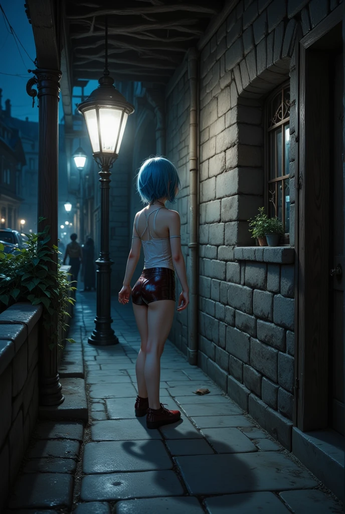 1girl , a 17 yo girl , 17 years old , super adorable , full head ,(Body : (small breasts) , Skinny ) , ((tmasterpiece)) , (Very detailed CG unity 8K wallpaper) , best qualtiy , cinematic lighting , (hi-top fade:1.3) , dark themed , Muted Tones , Subdued Color , highly contrast , (natural skin textures , Hyper-Realism , Soft light , sharp) , (Hair : (Light Cyan Hair:1.5) , (shoulder-length hair) , ponytail , (Cyan Blue eyes:1.5) , beautiful detailed eyes , (Bright eyes:1.5) , (Very fine and beautiful) , (Beautiful and detailed eye description) , ( Background : (Random Amusement park at night Background) ) , Blur Background , (Topless) , Periwinkle Big Shape Jeans , Light cyan Furry Strapped Combat Bootie Boots , Full body shot , random view ,(Joyful Emotion:1.5) , Happy expression , (Pose : random pose , smile shy ) , (hair covers one eye : 1.5), Navel, small breast, photographers on background, camera flash, photoshoot, photographers