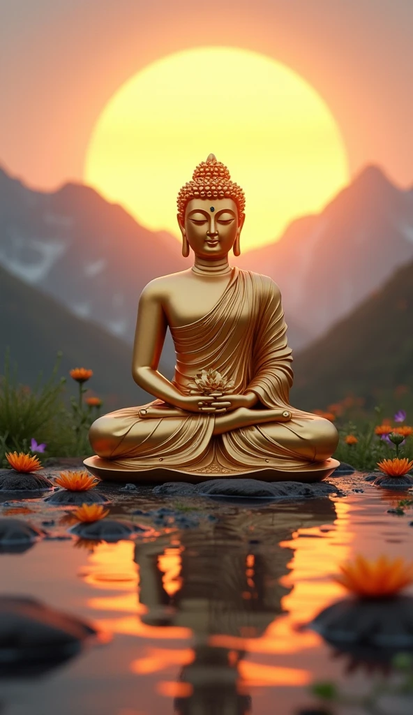 monuments: Great Buddha of Love Wish, A bronze statue of the Great Buddha, 5 meters high. It is decorated with gems, has a smiling face, and a device on its chest to make a wish, location: in the garden, Flowers of the four seasons, set in the garden. A path leads to a pond, where the figure of the Great Buddha is reflected in the surface of the water, state: Shining night, The night is illuminated by lights and stars. The outline of the Great Buddha emerges beautifully, thematic style: fantastic romance, Deep jewel tones, contrasts of light and shadow. Fantastic sculptures and flowers create a romantic atmosphere,