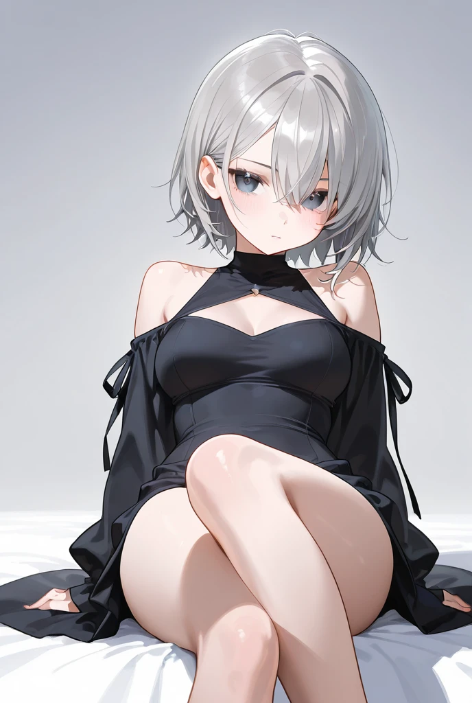 (black sclera, colored sclera,mini top hat,oversized sweater:1.3),masterpiece,1girl, <lora:creeeen-21:1> creeeen, 1girl, smile,short hair,  blush,large breasts, short shorts, black thighhighs, white hair, white pupil, shiny skin, bedroom, evening, detailed background,