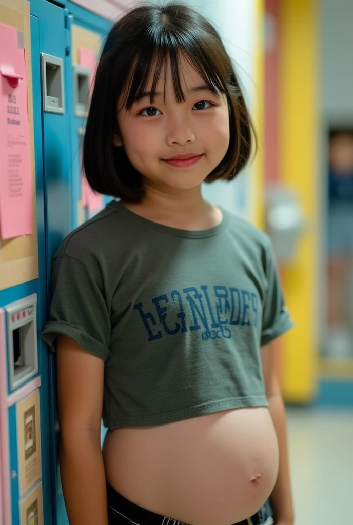 masterpiece, Highest quality, 8k, Young and beautiful girl, 、Clothes are big 、((Large Breasts:1.3)), photo shoot, Cute Face, Thighs, Classroom after school, Embarrassing、smile、No makeup, 10 generations, Detailed face, Background Blur、((((((10 years oldght waist、Tank top、Dolphin Shorts, Knee socks, On all fours