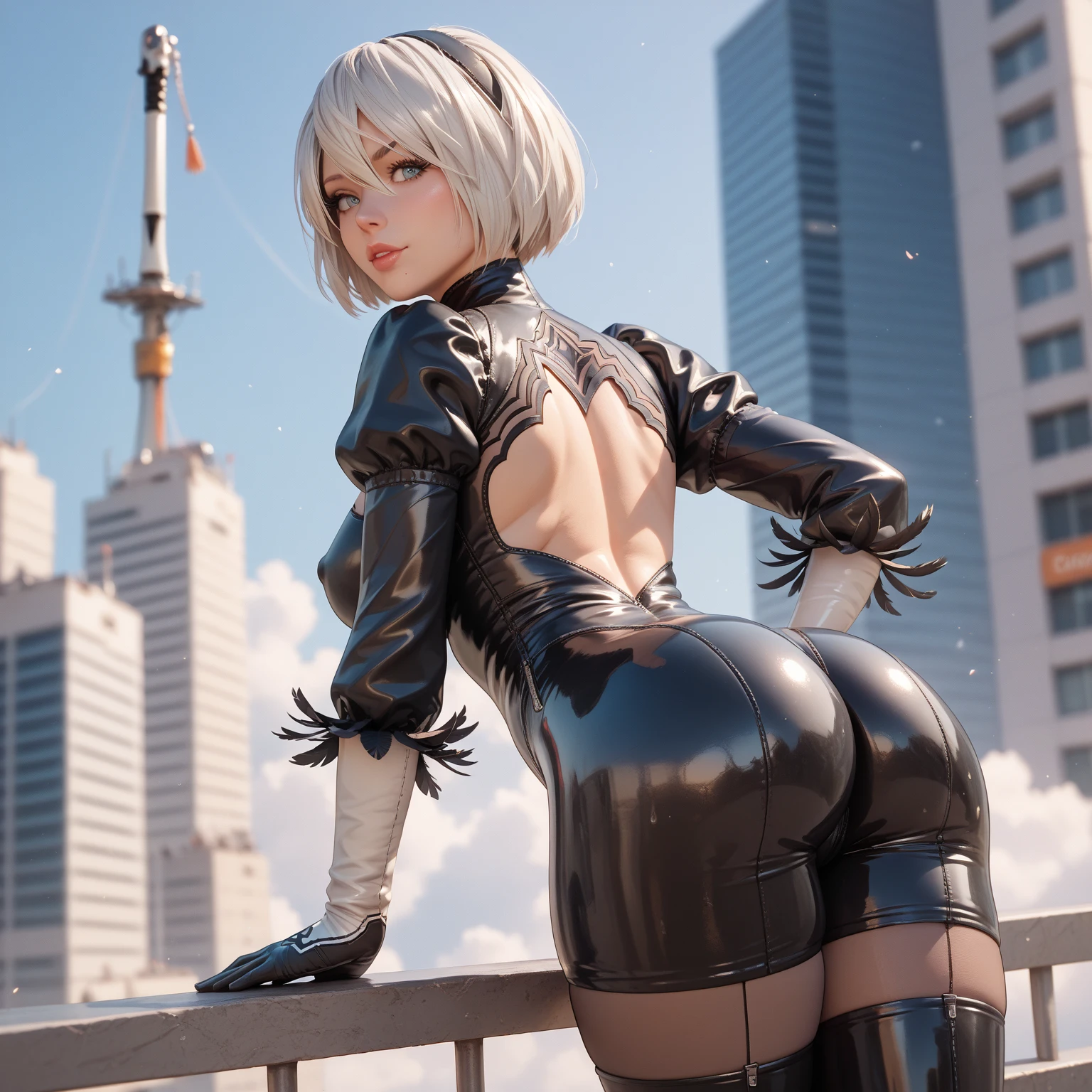 Camera from above, leans forward, A black blindfold covers the eyes, Standing on the edge, stands, erotic posture, half naked, Nudie, Erotica, Camera from above, Frame from above, shapely legs, stands on the edge of the roof, White Hair Bob, ashy hair, The eyes are covered with a bandage, Cyan eyes, black dress with a short skirt, short black skirt, Skirt covers buttocks, neckline on the chest, white panty, black stockings, high black boots, high-heeled boots, very extremely beautiful, Small firm buttocks, Slender figure, Full-length(Body Full 1.1),Game nier automata, ruined city, The city, overgrown with plants, Ruins, high detail official illustrations, ((beautiful fantasy girl)),Red Small Breasts, Her breasts are sticking out from under her clothes, BREAK (Master Part: 1.2), Best Quality, High Resolution, photorealestic, photogenic, Unity 8k壁纸, (illustartion: 0.8), (Beautiful detailed bluish-gray eyes: 1.6), extremely detailed face, perfect lighting, extremely detailed CGI , (perfect arms, perfect anatomy), A girl with perfect breasts, beatiful face, master study, intricate details, Detalhes realistas, the anime, (Based on nier automata) the perfect body, The Perfect Girl, perfect details, Ultra HD |, 8K, Professional photo, Anime Style 2B,