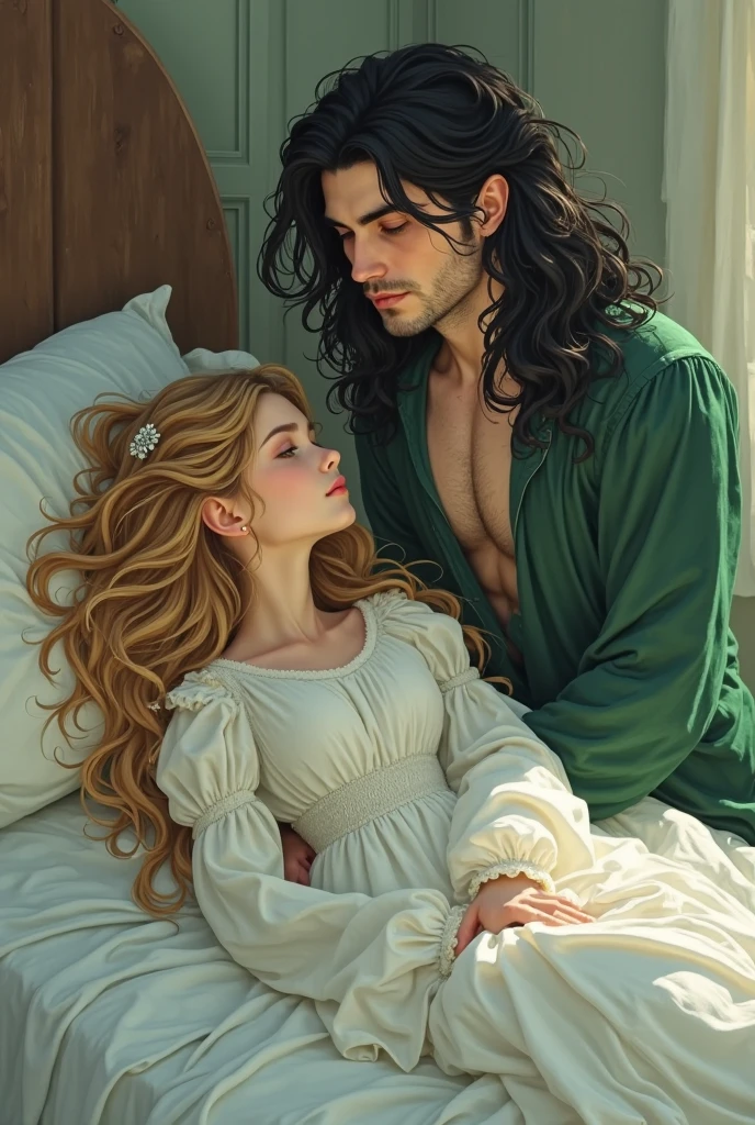 arafed couple in medieval dress laying on bed with lamp, charlie bowater and artgeem, edmund blair and charlie bowater, charlie bowater and tom bagshaw, he holds her while she sleeps, in the art style of bowater, realistic fantasy illustration, charlie bowater art style, style of charlie bowater, lovely languid princess
