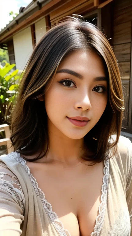 1 Indonesian-Dutch girl, 20 years old, long fashion hair, fit body, bare small cleavage, skintight black lace kebaya, batik skirt, highly detailed, ultra hd, 8k, detailed face, bright eyes, perfect eyes, detailed lips, sexy lips, perfect hands, dynamic angle, cowboy shot, (hyperrealistic), (illustration), (high resolution), (8K), (extremely detailed), (best illustration), (beautiful detailed eyes), (best quality), (ultra-detailed), (masterpiece), (photorealistic), (natural light), (detailed face), (high detailed realistic skin texture), (anatomically correct), (solo), (high detailed realistic hair), (caramel hair), (heterochromic eyes), (detailed eyes), (brown eyes), (realistic big breasts), (slender abs), (dynamic pose), (closed tiny mouth), (concentrated expression), (dimple), (a girl playing in the garden), (wet clothes), (transparent clothes)