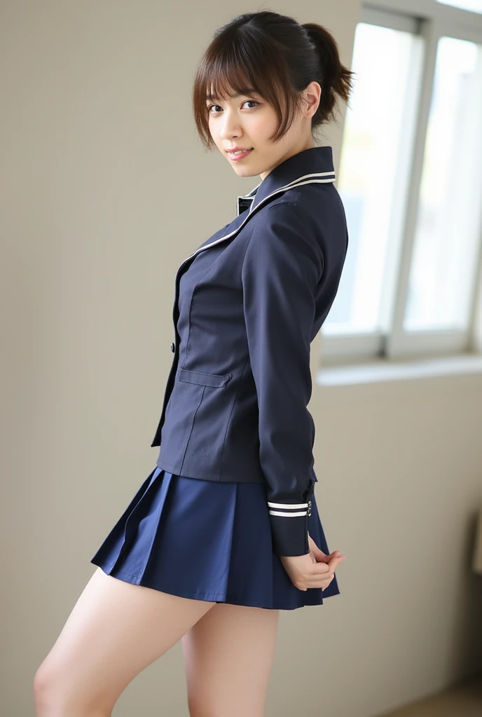 nsfw,One Woman、((Standing wearing a blazer and miniskirt school uniform))、,((small breasts)),Highest quality、Very delicate and beautiful、((Very short bangs))、((Bangs))、明るいつやのある茶色の髪のHighest quality、Very delicate and beautiful、((Very short bangs))、((blunt bangs))、Light shiny brown hair、The hair is light、((Short Bob))、Cute face、Young face、Cute like an idol、Are thin、Slim figure、slender、Short、 body type、((Background is an elementary school classoting from below、Low - Angle、Dutch Angle、Emphasis on the crotch、ceiling、The best smile、