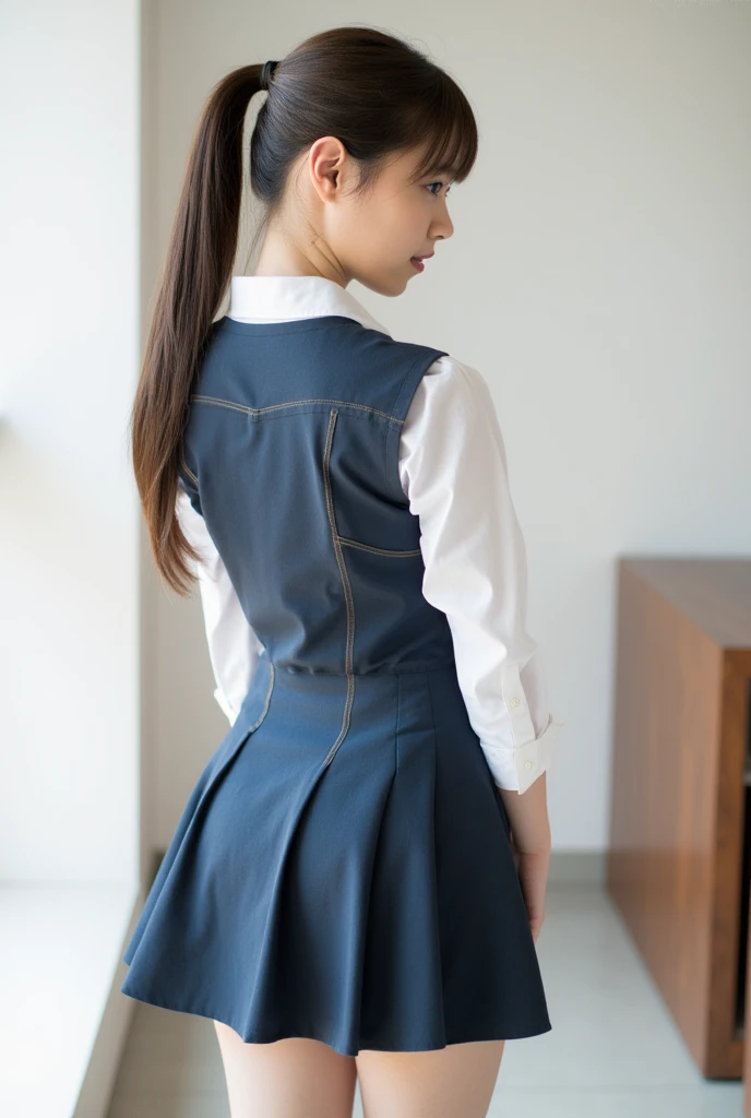 (masterpiece, Highest quality:1.2), 8K, Young and beautiful girl, 85mm,Official AR RAW Photos, (Baby Face), ((Small face)), ((Big Breasts)), ((Backwards)), ((Show me your ass)), ((Full nudity)), Detailed nipples, ((short hair)), Show me your ears、photo shoot, Cute face, Thighs, Classroom after school, Looking at the audience, Embarrassing、smile、 makeup, Film Grain, chromatic aberration, Sharp focus, Face Light, Bright lighting, 10 generations, Detailed face, Background blur、((((((14 year old high school girl))))))、Narrow waist、Sailor suit、Dark blue mini skirt, White tiny panties, (Detailed pubic hair)