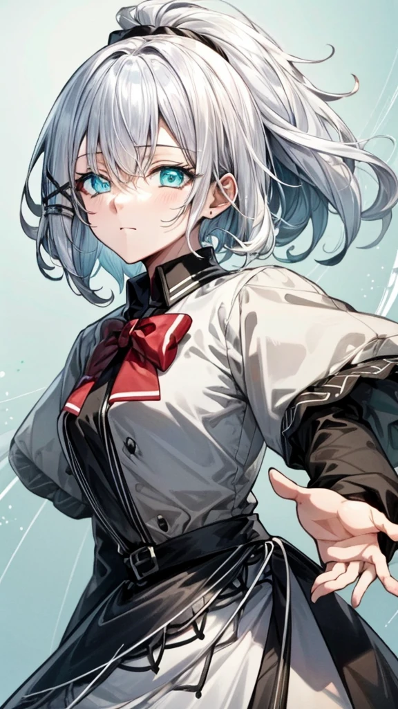 SHY,GLOVES, ELBOW GLOVES, THIGHHIGHS, WHITE GLOVES, LEOTARD, SHORT HAIR, WHITE HAIR, BOOTS, RED EYES, WHITE LEOTARD, BARE SHOULDERS, HAIR BETWEEN EYES, HIGH HEELS, (MASK:1), BELT, SCARF,HOOD,upper body, masterpiece,Noise Reduction,perfect anatomy,high resolution, ultra-detailed, ultra-detailed face,game cg,dutch angle ,beautiful detailed eyes,visualart,five fingers, perfect hands, perfect lighting, sparkling pupils,