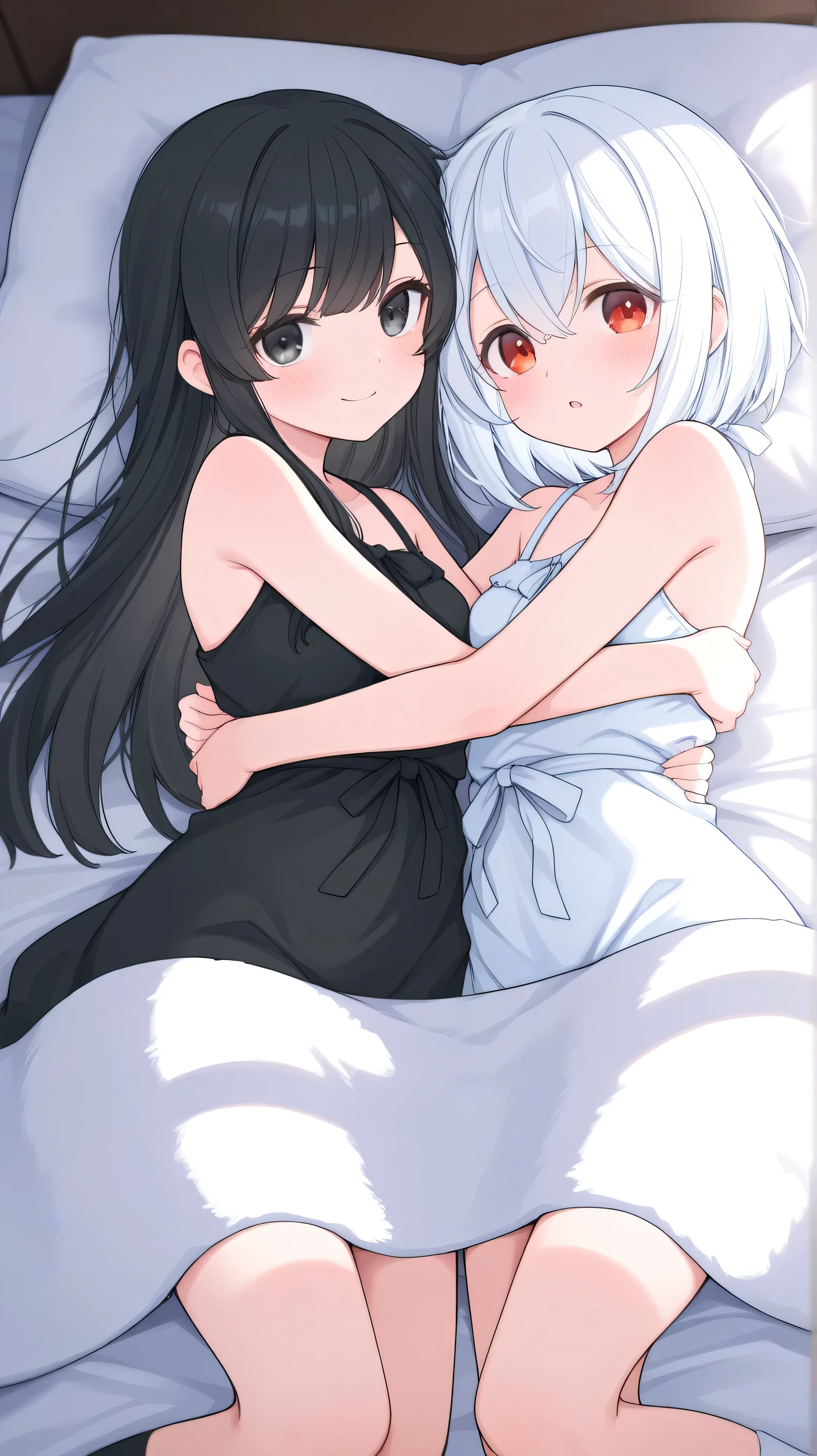 2girls,Girl1:,adolable,white color hair,long whitr hair,girl 2:Black color hair,long whitr hair,Touch each other's lower bodies