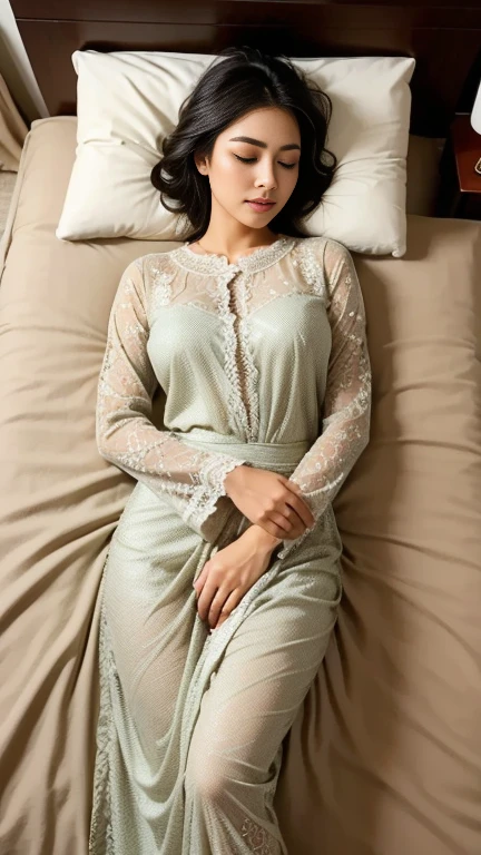 Slender Japanese lady, 40 years old, correct human ???????, {short|long} hair, detailed face, closed eyes, wearing sheet sundress, lying on her back on the bed in a hotel, (spreading legs wide: 1.2), sleeping, full body photo