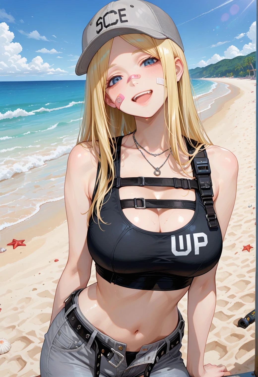 1 girl, (detailed blue eyes, lange wimpern, detailed beautiful face:1.1), 4k quality, twintails, Haare Seiten nach oben, (Long blonde hair:1.4), (arms behind back:1.3), (big breasts:1.5), Red rope, (blushing:1.3), erina nakiri, long hair, orange hair, hair between eyes, (black skirt, White crop top, school girl, 18 jears old:1.4), (bondage:1.3), erhobene Augenbrauen, pralle Brüste, OTN, Gag, gagged, (laying in water:1.5), wet, (near a Public beach with many people:1.5)