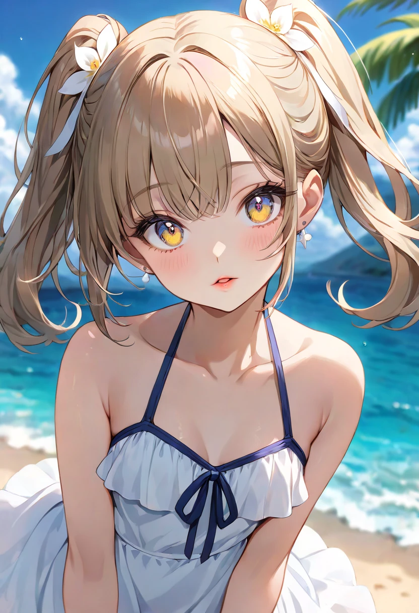 {{{{{{{nsfw}}}}}}}, {{masterpiece}}, {highly detailed}, MichishioKC, {{{{{from front}}}}}, {{{{{{{nipples clearly visible through bra}}}}}}}, {{{{{{{see through bra}}}}}}}, {{{{{completely skelton bra}}}}}, {{{{{wet white bra}}}}},{{{{{small breast}}}}}, angry, looking at viewer, beach,