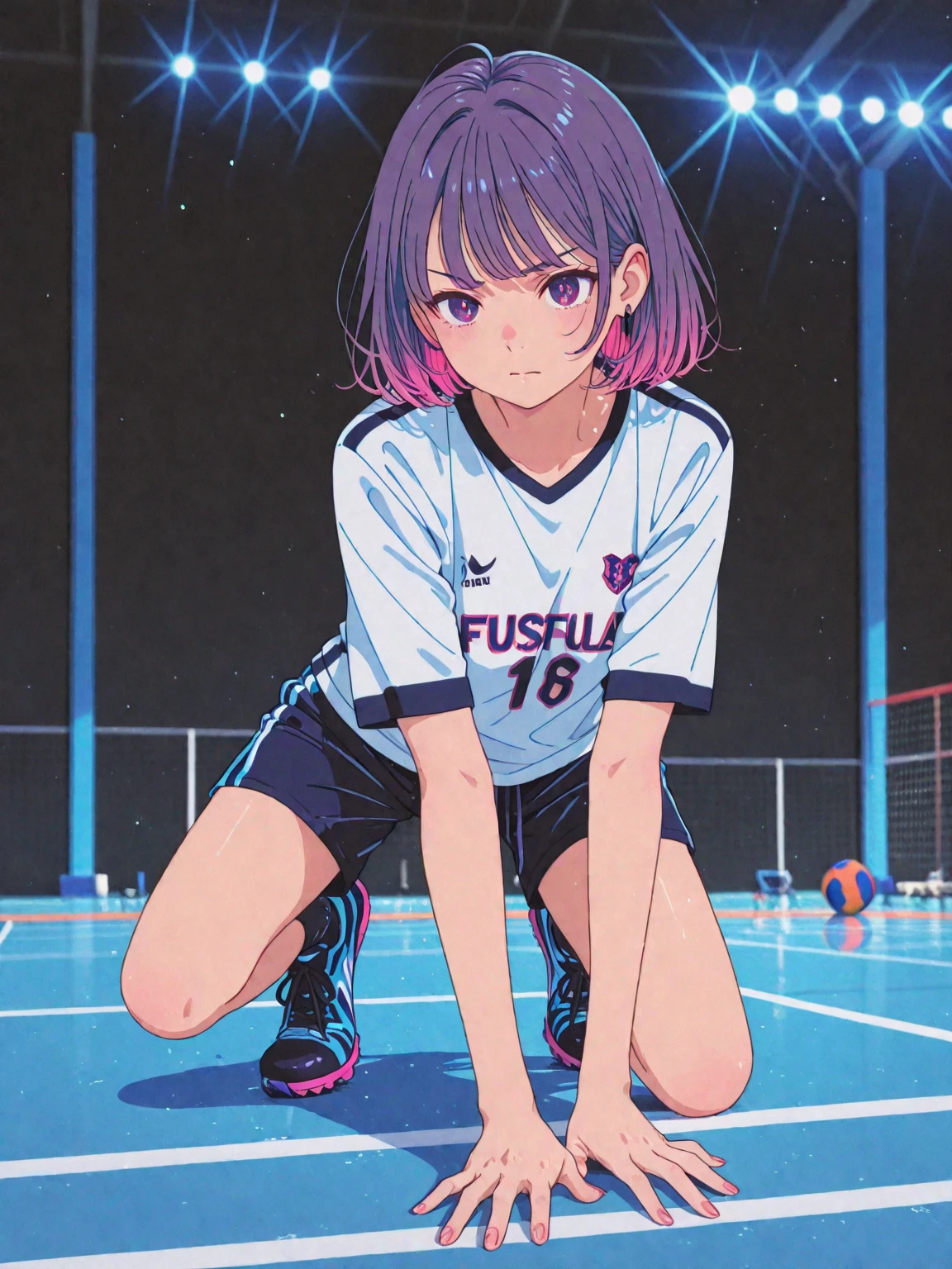 (superflat, flat shading, flat colors), 1girl,petite, loli, school uniform, (children's print panties), squatting, sneakers, geometric background, smile, fun, vibrant colors, watercolor