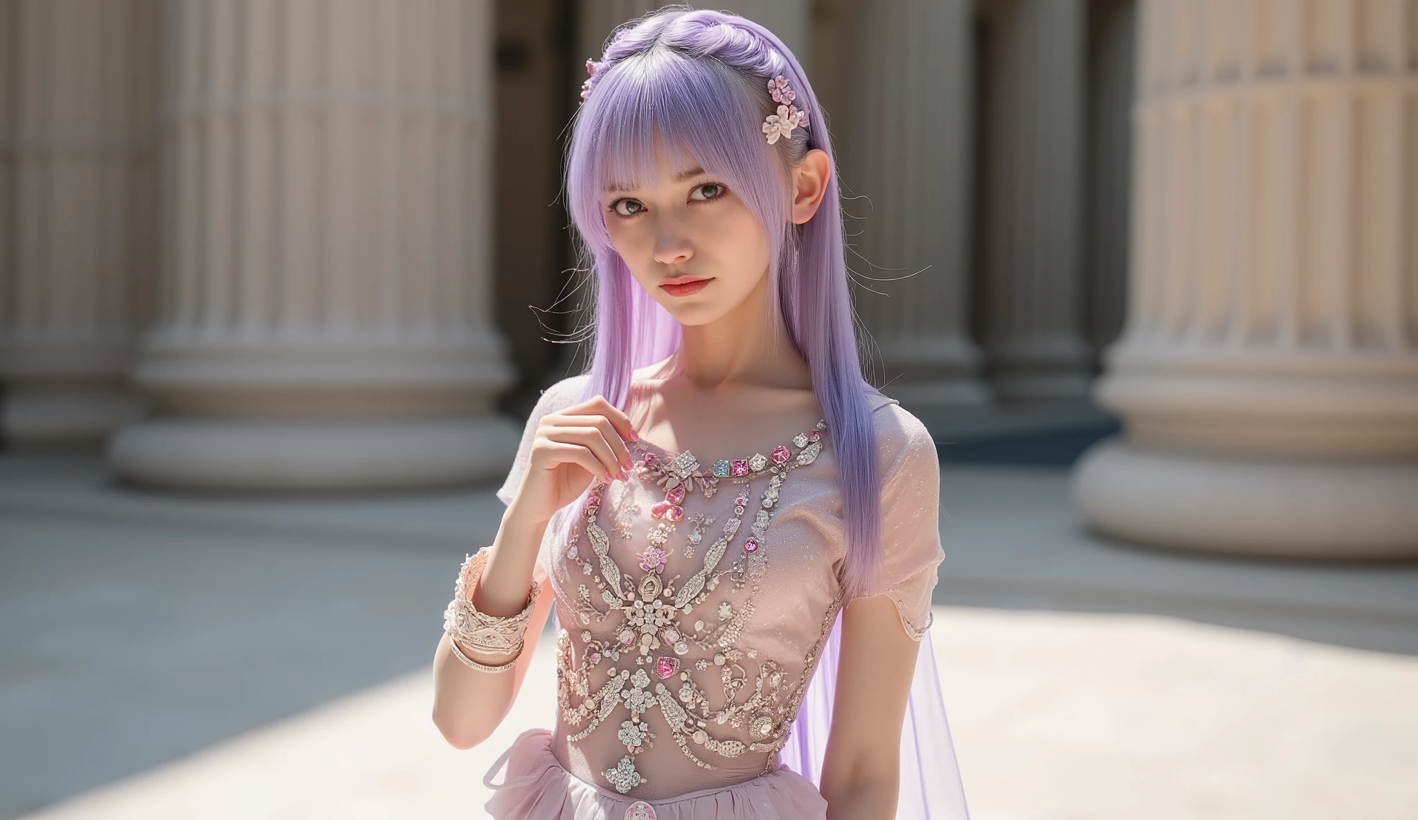 image of a goddess wearing jewels , Long straight light purple hair, Random Hairstyles, sexy sheer dress studded with jewels, Goddess dress with sheer fabric, (( costume adorned with white, pink, and blue jewels )), (big , Disconnect, Erected Nipples, slender body, Abs, curvy body, Complex 3d rendering of a beautiful grim reaper angel with naked butts, slim thighs, long legged), ランダムsensualセクシーポーズ, HIGH FANTASY, Beautiful Face, amazing background, (Very pale skin ), Glass Skin, Beautiful skin, sensual, serious expression, Muscular, jewelry, Picture of an idol wearing a crystal ring and bracelet, with a ring on her upper arm, bright lights, full body, you can see the temple of the goddess in the background