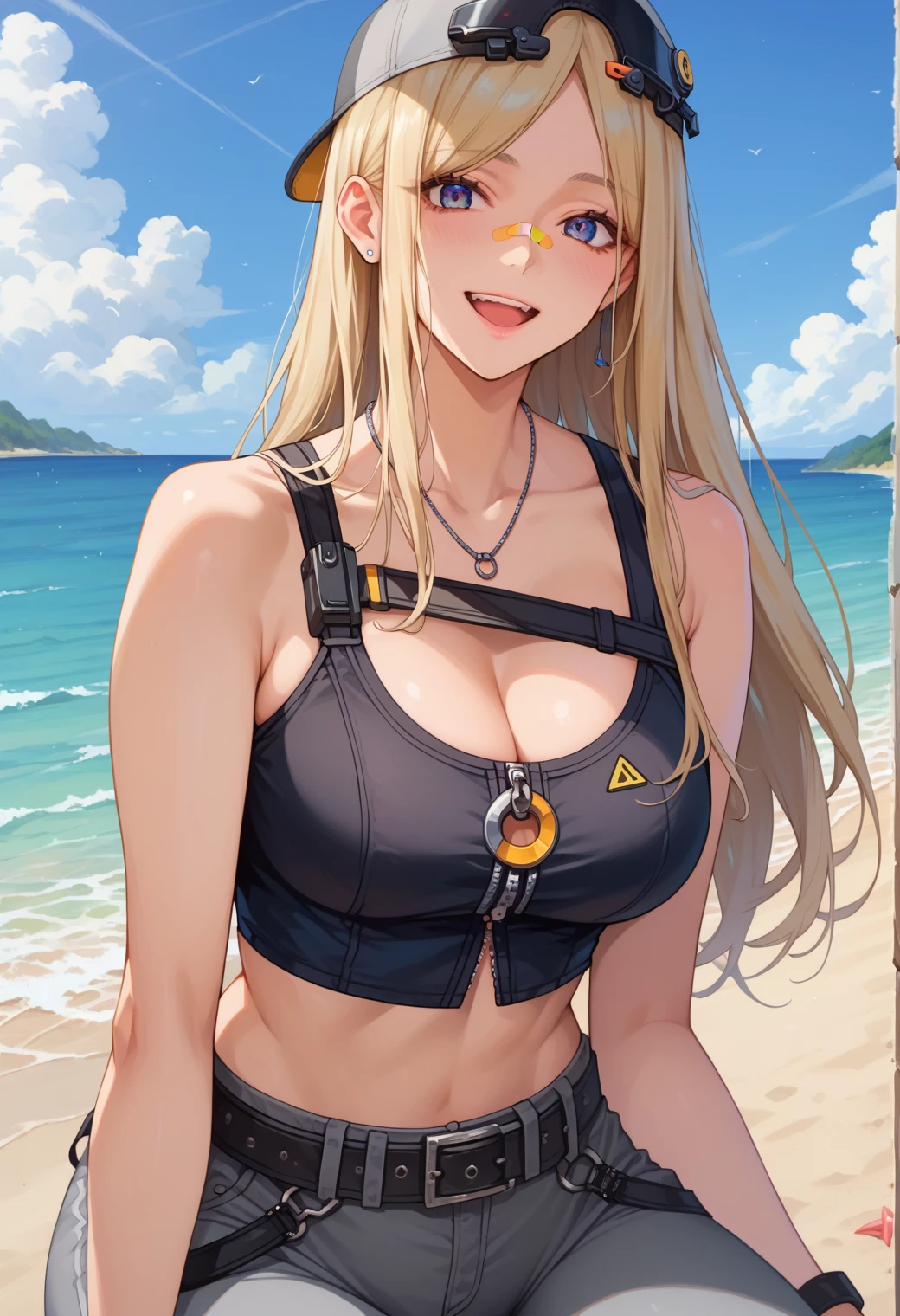 top-quality、Top image quality、masterpiece、girl with((18year old、Best Bust、big bast,Beautiful blue eyes、Breasts wide open, Blonde twintails、A slender,Large valleys、Black Sports Bra、Black pants、black rucksack、Hold your right hand in front of you、Fluttering hair))hiquality、Beautiful Art、Background with((Wide Ports、sunrises,strong breeze、mare、vague)))、,masutepiece、visualart、depth of fields、