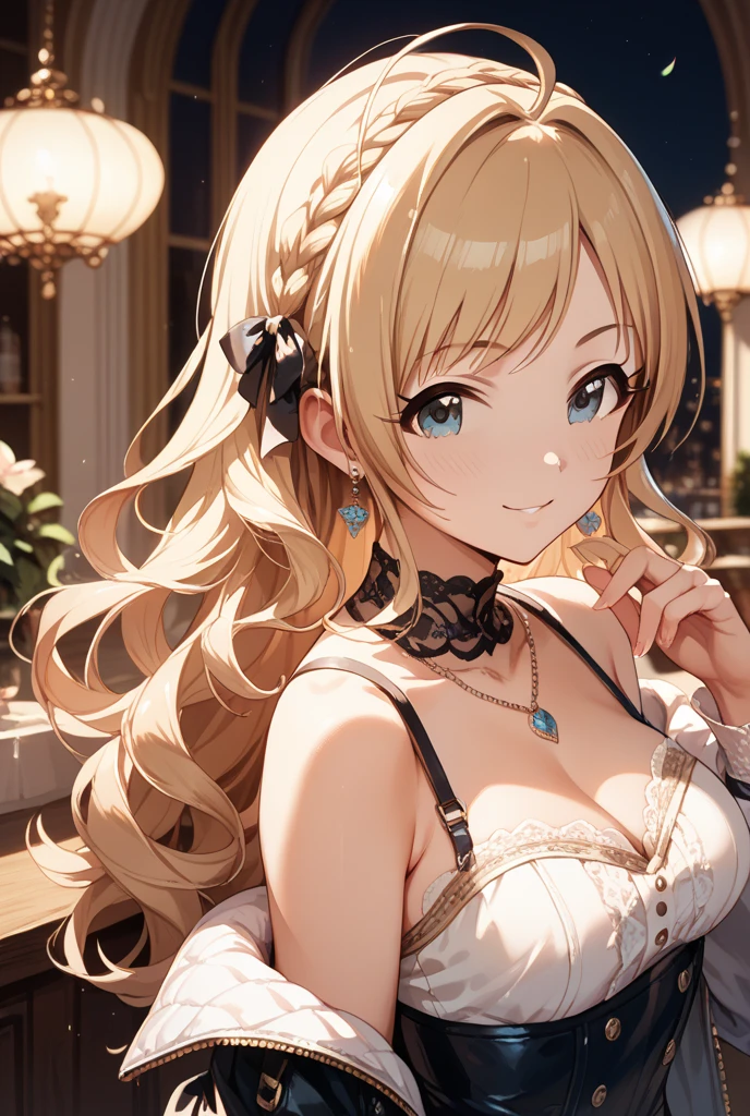 masterpiece, best quality, high quality, detailed, ultra detailed, hyper detailed, insanely detailed, exquisite, beautiful, FHD, Full-HD, 4K, 8K, highres, absurdres, woman, cheerful, grinning, standing, hands on hips, looking at viewer, long hair, brown hair, black eyes, tall, glamorous, , gyaru, hair ribbon, earrings, in the hallway, in the afternoon, cel anime, upper body, headshot, from front, golden ratio, sunlight