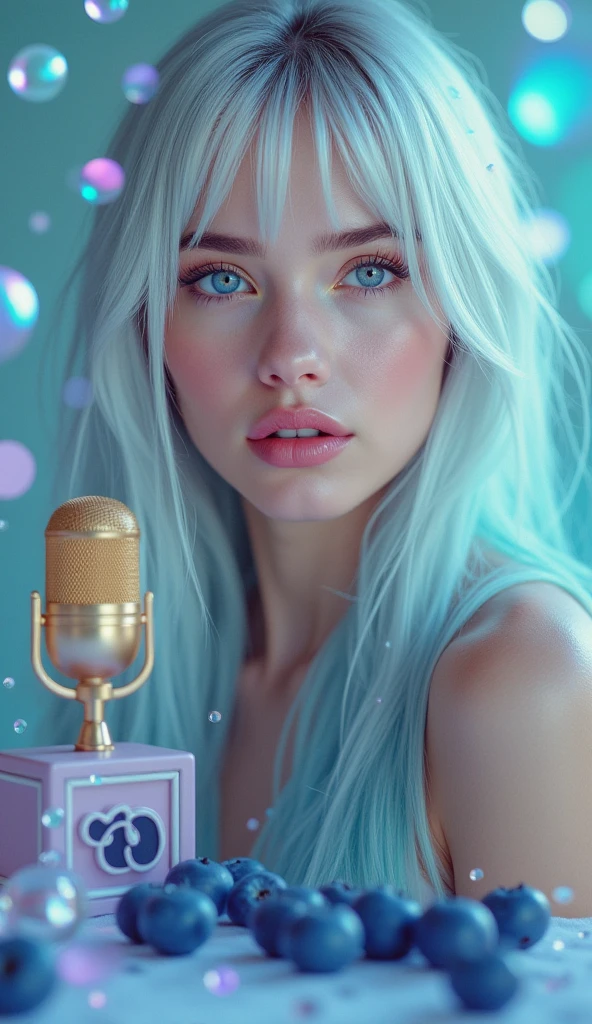 Enchanted woman happy to raise her hand Perfect beauty Beautiful white skin Beautiful eyes Lustrous lips lovely smile wink White hair Bikini Functional head phone Inside the spacecraft