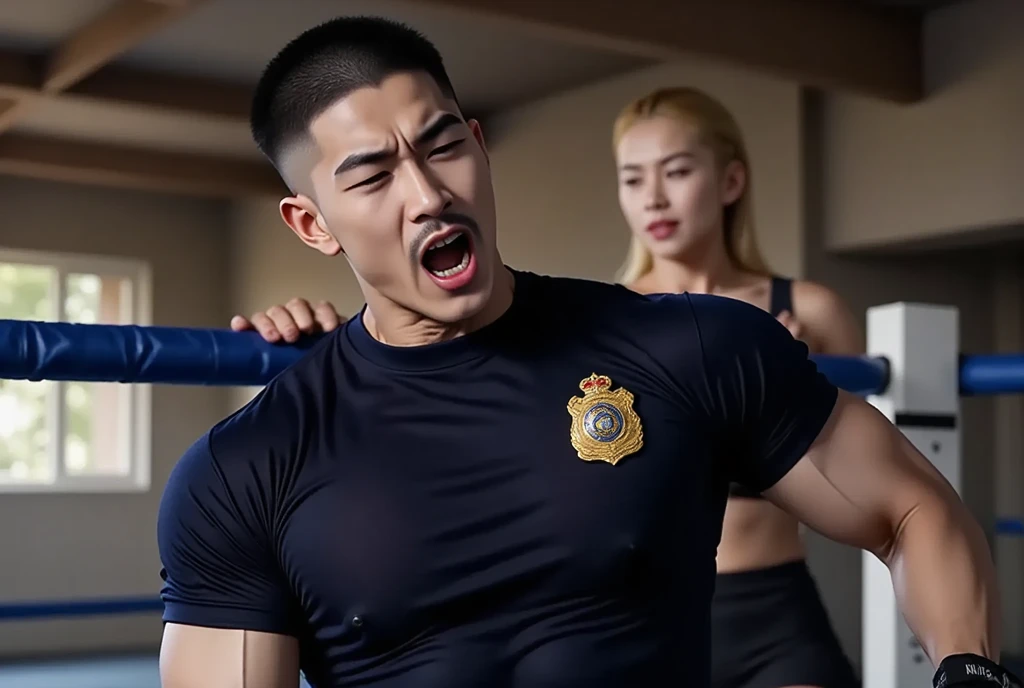 30-year-old boy ,Japanese bulky male officer uniform , navy blue thong, hairy butt,............. laying on bed in a room with 8 policeman looking.........., missionary position, men drooling suffering facial expression, night time,8K,Cinematic lighting effects,Textured skin,best qualtiy,Storytelling images,Storytelling images,dynamic blur,actionpose, zoom out,