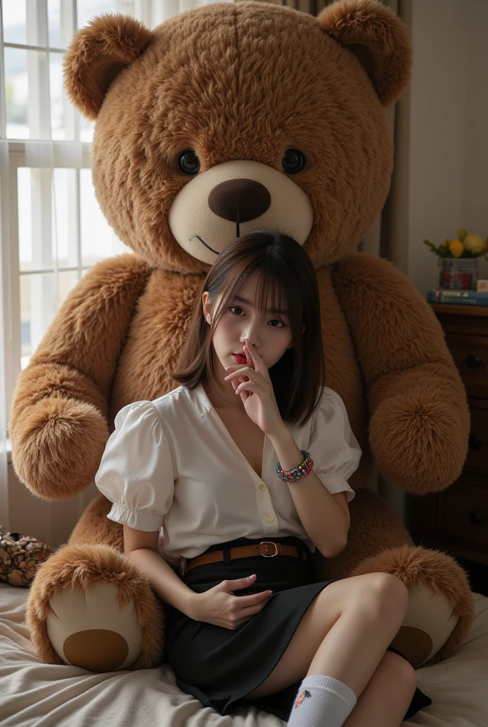 a beautiful woman, brunette, sculptural body, generous cleavage, big ass. She is dressed as a sexy student. She holds a stuffed bear.
