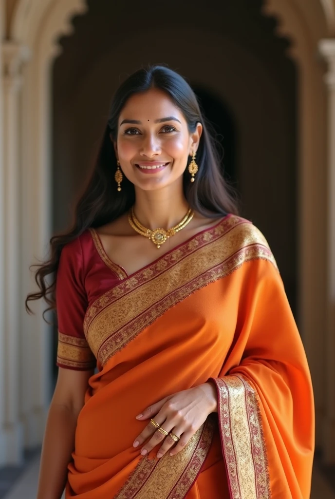 Indian female bob cut hair, expensive silk saree, full length body photograph, looking straight at the camera, big cute smile, sexy figure, golden blouse matching saree, wheatish complexion cute face, North Indian girl, similar looking to Kiara Advani, full body length photo till her feet, full HD quality, 8K