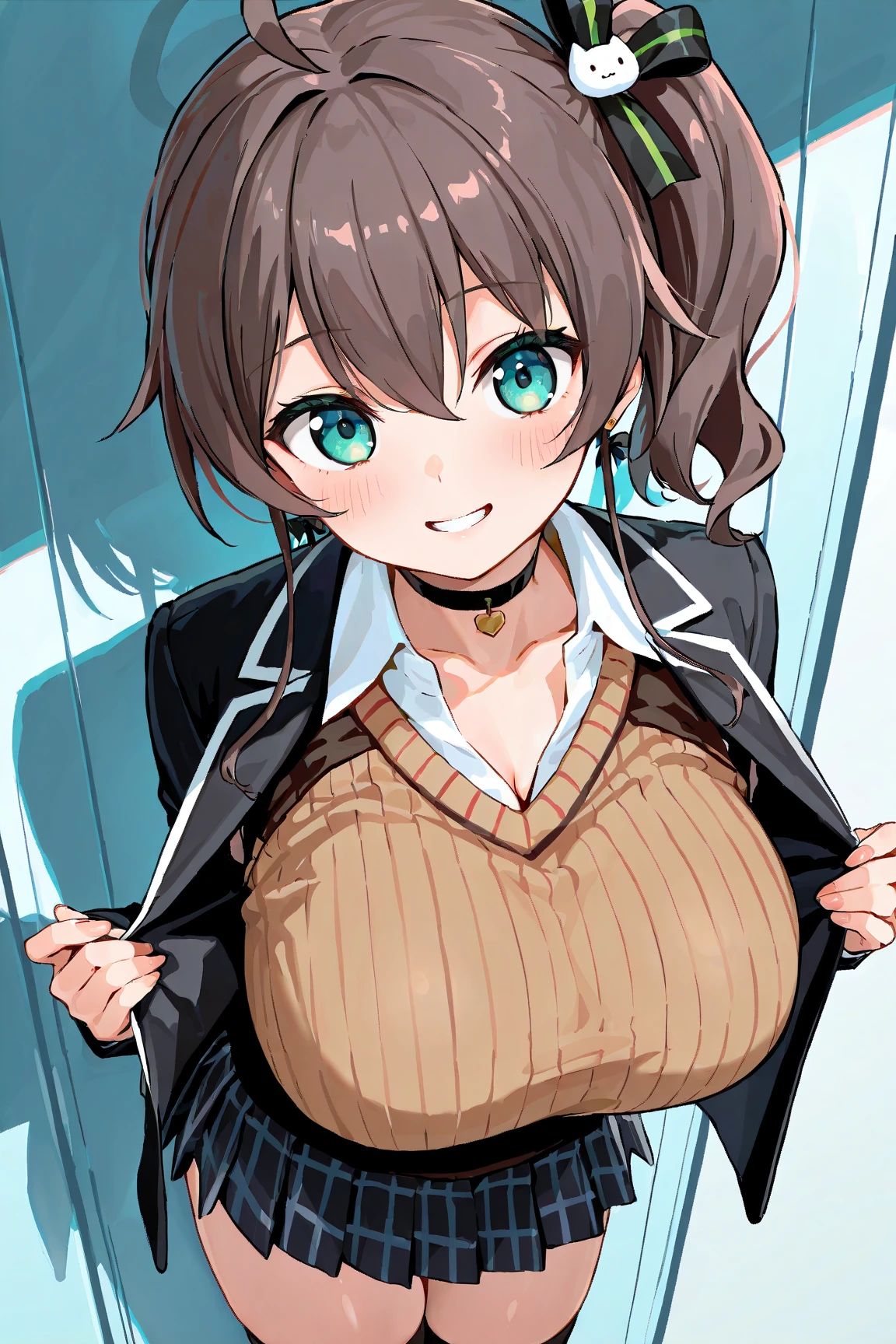 (Masterpiece, Best Quality:1.3), 1Girl, :<, Small breasts, (covered , Nipple erection:0.8), indoor, (Sandy Brown Colored Hair, Long layers of hair:1.32), Black eyes, sound, fang, random clothes, Dynamic Angle, Dynamic Pose