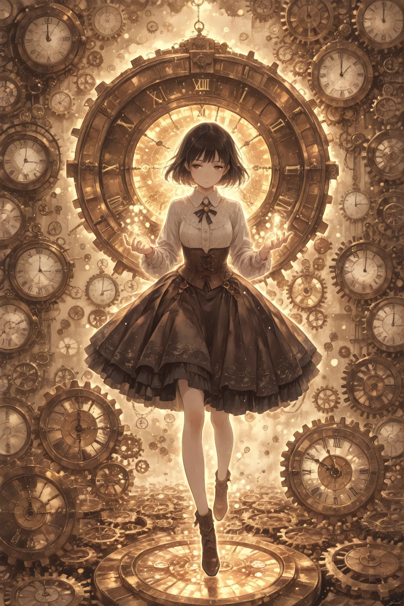 (watercolor, warm color, detailed outline),A soft, steampunk-inspired digital painting featuring a young girl with short dark hair wearing a brown corset dress over a white blouse. She is standing in front of a massive wall filled with intricate antique clock mechanisms, cogs, and gears. The entire background glows with a warm sepia tone, creating a nostalgic and dreamy atmosphere. Shards of glass float midair around her, as she gazes into a glowing golden clock she gently holds with both hands. Pocket watches and gear fragments seem suspended in time. The illustration evokes themes of time, memory, and wonder, rendered in a delicate and atmospheric anime style.