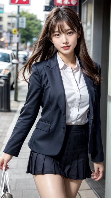 Tabletop, Highest quality, 8k, office lady、Kashiwagi Yuki、Award-winning portraits, blush、 alone, Digital single-lens reflex camera, Looking at the audience, Thin arms, whole body、Professional Lighting ,{Sit on the stairs},((navy blue office suit))Pencil Mini Skirt、 Tight mini skirt,Black Hair, hairpin、White lace panties、