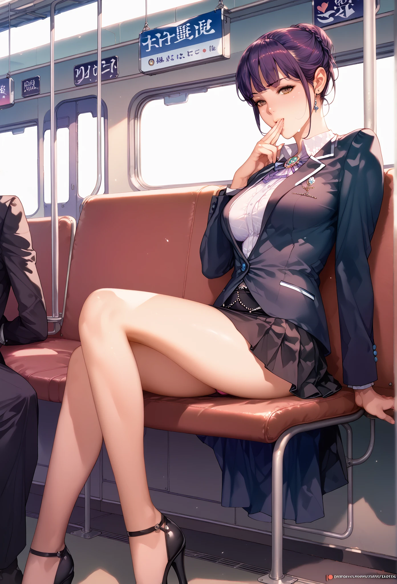 score_9, score_8_up, score_7_up, BREAK source_anime, rating_explicit, best quality, masterpiece, uncensored, photo, 1 girl, bob cut, Japanese girl, solo, realistic sleeping face, sleeping, Dozing off, closed eyes, open mouth, (tilt her head:2.0), sloppy, vulgarity, fullbody, kawaii, asian face, black_suit, business suit, office_vest, pencil skirt, black_pumps, business bag, sitting chair, under skirt, underwear, (panties visible:1.1), pantyshot, train interior, sitting, front view of front seat, looking at viewer, (night:1.5), wetting panties, wet spot on panties, dark spot on crotch, peed her panties, panties dripping, dripping down in seat, (huge pee puddle in seat and floor:1.2), sitting on a pee puddle,