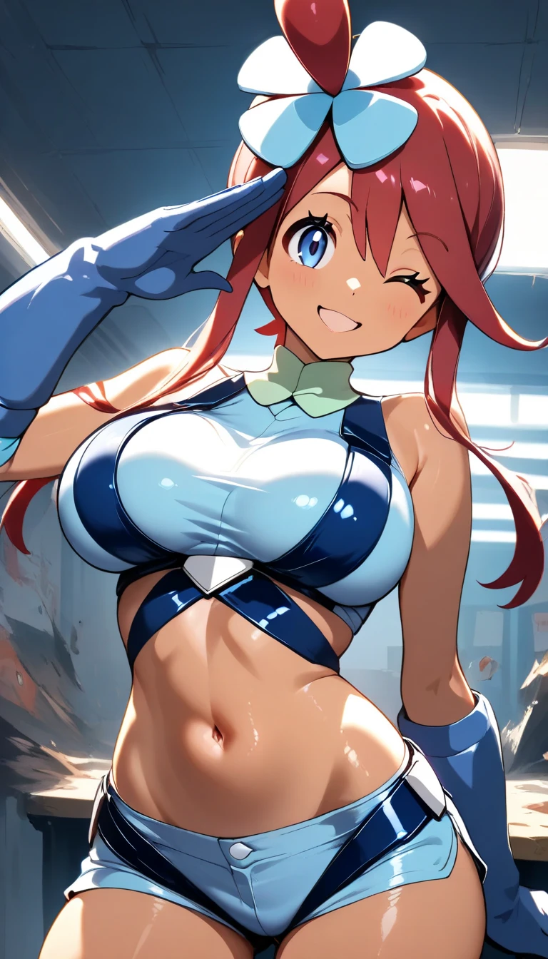 best quality, masterpiece, extremely detailed CG, official art , professional lighting, detailed background, sakimiyairuka, red hair, green eyes,(one side up), medium hair, side ponytail, green scrunchie, hair ornament, gleaming skin, big breasts, big ass, playboy bunny, (black pantyhose, bowtie, wrist cuffs), pussy line,(legs spread, hand on hip), smile, collar, casino, front view,