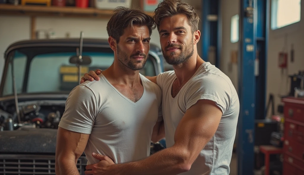 Dois homens musculosos se beijando, apaixonados, dresses with red tank top and white pants, cabelos loiros.