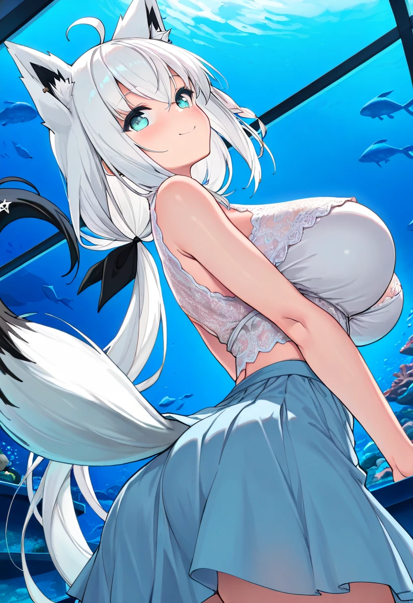 (masterpiece,best quality,very aesthetic),(disheveled hair)(ultra-detailed),high saturation,1girl,18yo,solo,curvy,short stature,a platinum blonde fox tail,large breasts,(platinum blonde fox ears),short hair,platinum blonde hair,beautiful face,(messy hair),(disheveled hair),hair intakes,(fusion of gray kimono and white slingshot swimsuit with black frills,Layered clothing with orange on both sides and black on the inside:1.2),bare legs,(cameltoe:0.8),enjoyable,alluring smile,brown foxy eyes,BREAK,ocean,under water,swimming in the ocean,bubble,tropical fish,(cheek squash,holding own breath),cowboy shot