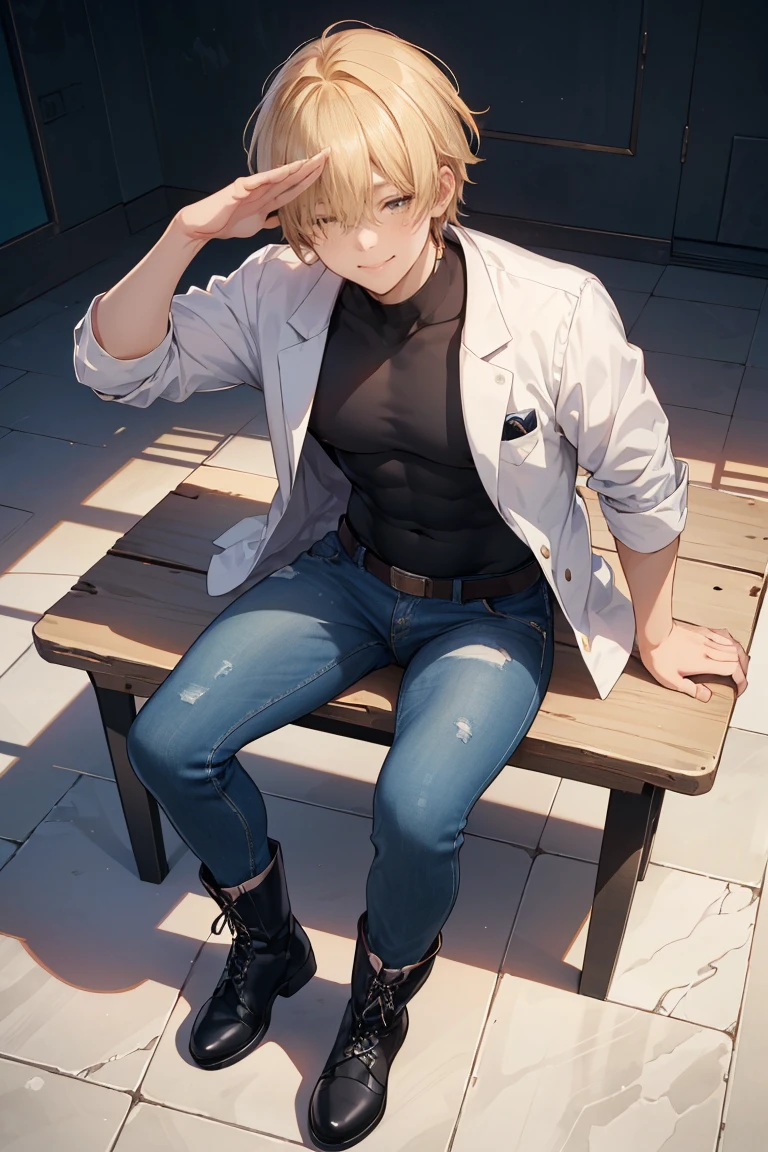 Sitting in a chair, double forks, 8 feet from camera, focus on his feet, both feet off the ground, detailed foot pov, barefoot, best quality, masterpiece, super high resolution, detailed background, realism, Illustrations, single, 1 boy, muscle, volumetric lighting, depth of field, facial hair, black clothes, fitness trainer, a little smaller head