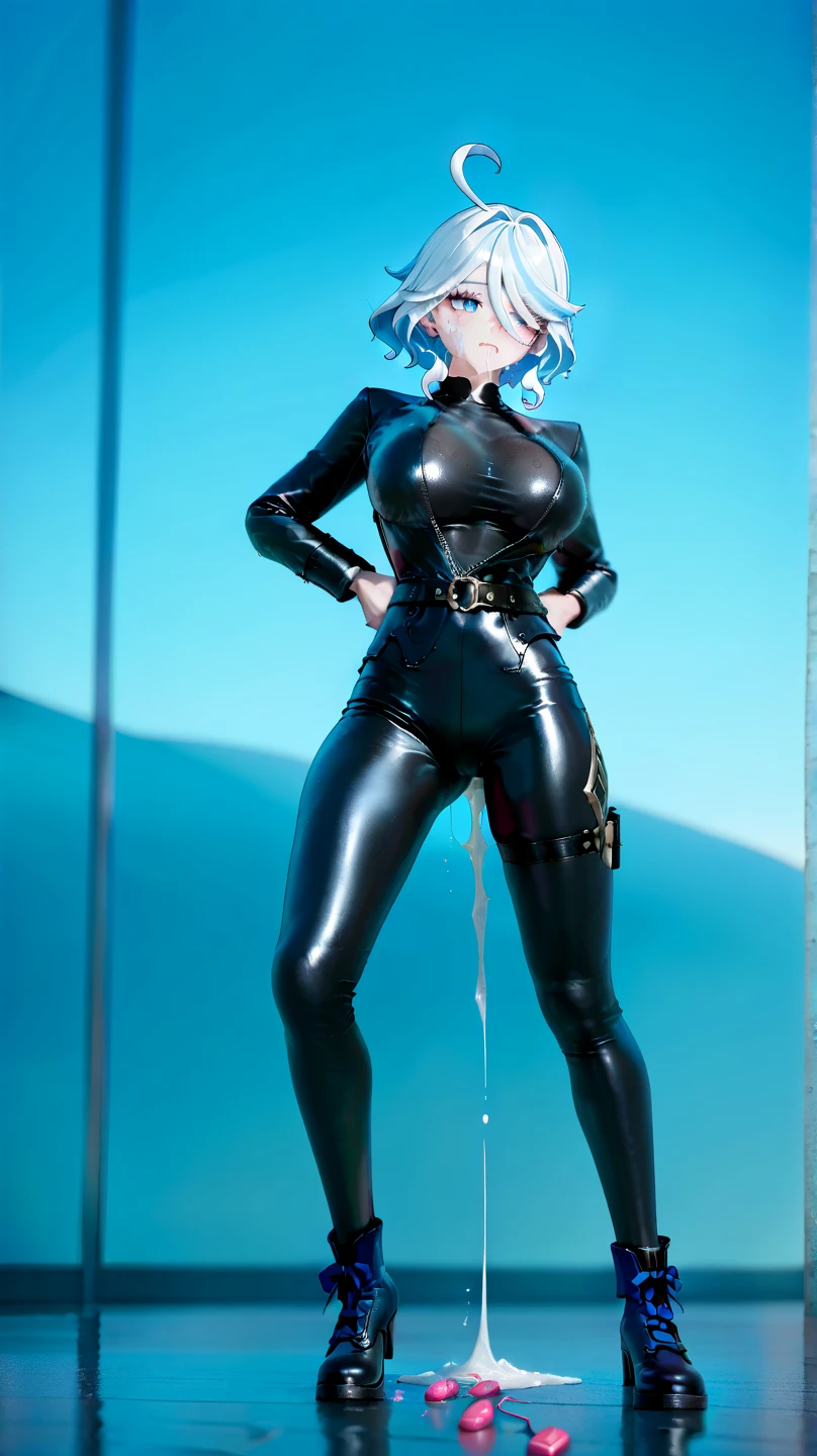 ((Full body photo)). Laura/woman with large breasts is standing, ((wearing black maid's outfit with white/extremely tight parts on her body and maid's headdress on her head)), she is inside a graveyard at night this (raining hard and thundering very hard), her (head/clothing/body soaked in water:1.4), she is looking at the viewer, smiling, Doing pose. She has (blue hair:1.2) and (green eyes:1.2), Mortal Kombat, anime, framed, symmetry, 16k, best quality, super detail, textured skin, UHD