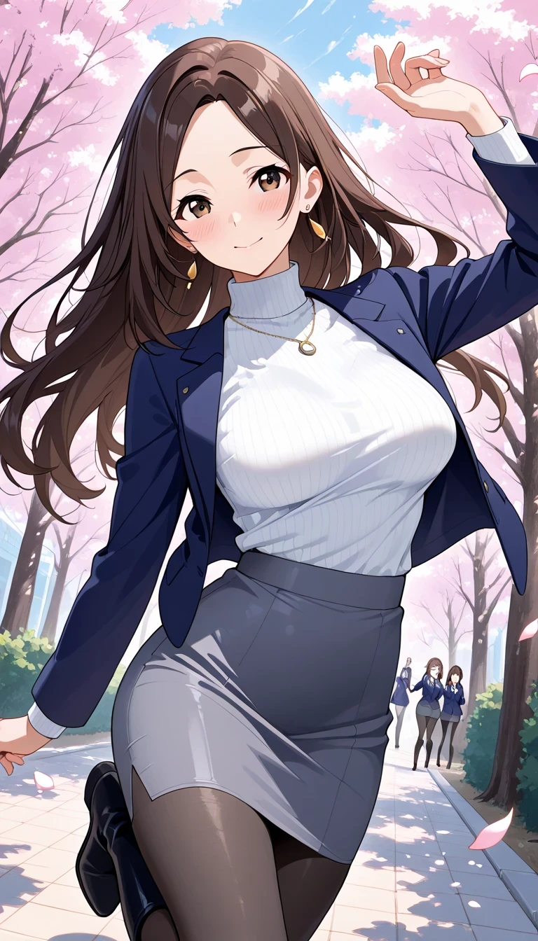 score_9, score_8_up, score_7_up, Source_Anime Top Quality、8k、masterpiece、Natural Light、and high precision、perfect anatomy、one woman、medium breasts, sagging breasts:1.6, voluptuous body:1.6, (nu), parted bangs, brown hair, long hair, brown eyes, (Smile Yan、I'm a little embarrassed), (navy blue blazer, open Jacket, turtleneck, long sleeve, gray tight pencil skirt, earring、Necklace), black pantyhose, (cherry tree、Petals Dancing in the Wind), feet together、LONG BOOTS