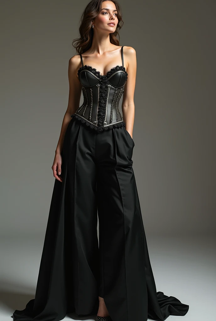 Beautiful woman, standing while pissing wide legged trousers, wearing a corset,with face mask, breathing heavily 