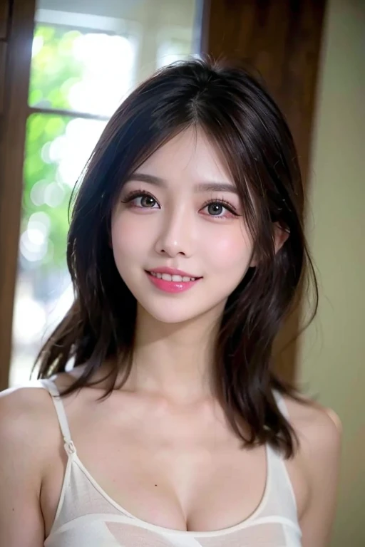 23-year-old woman, Chest Shot, Soft skin texture, Soft, sexy lips, Iris, Black Hair, Warm Background, Grin