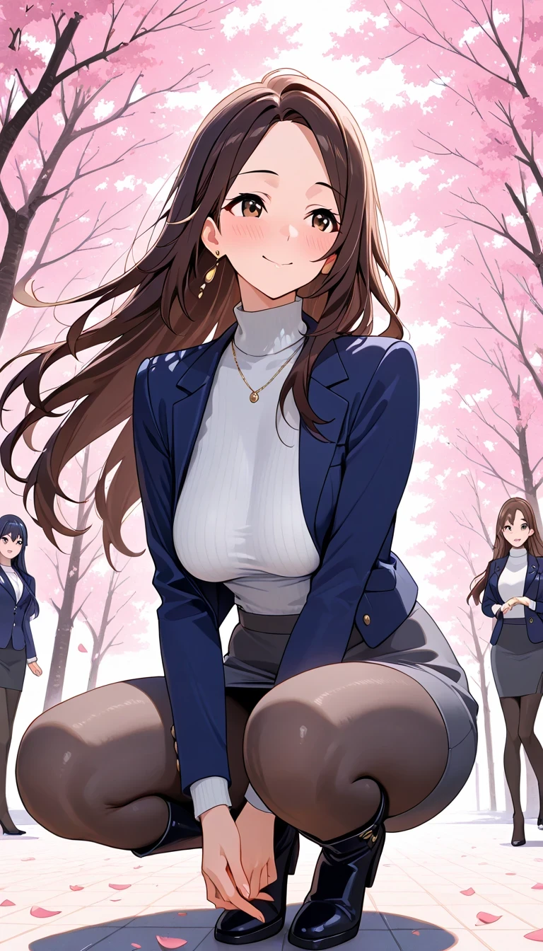score_9, score_8_up, score_7_up, Source_Anime Top Quality、8k、masterpiece、Natural Light、and high precision、perfect anatomy、one woman、medium breasts, sagging breasts:1.6, voluptuous body:1.6, (nu), parted bangs, brown hair, long hair, brown eyes, (Smile Yan、I'm a little embarrassed), (navy blue blazer, open Jacket, turtleneck, long sleeve, gray tight pencil skirt, earring、Necklace), black pantyhose, (cherry tree、Petals Dancing in the Wind), Squatting, feet together、LONG BOOTS