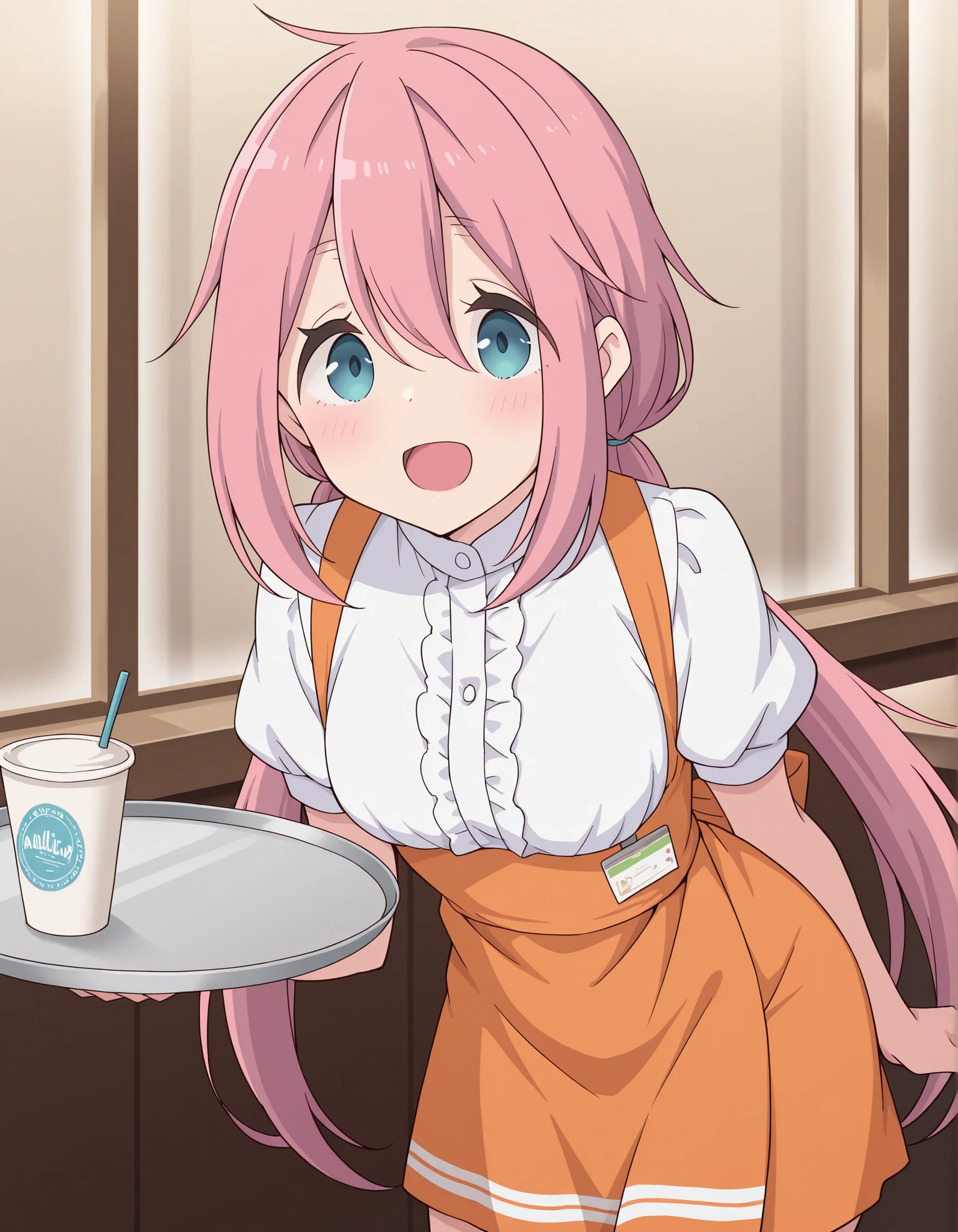 Score_9, score_8_up, score_7_up, source_anime, nadeshiko kagamihara, solo, low twintails, pink hair, blue eyes, (best quality), (high quality), {masterpiece}, extremely delicate and beautiful, ultra-detailed, beautiful detailed eyes, anna miller, waitress, white shirt, short sleeves, puffy sleeves, orange suspender skirt, high-waist skirt, waist orange apron, name tag, restaurant, indoor, holding silver tray, smile, open mouth, leaning forward