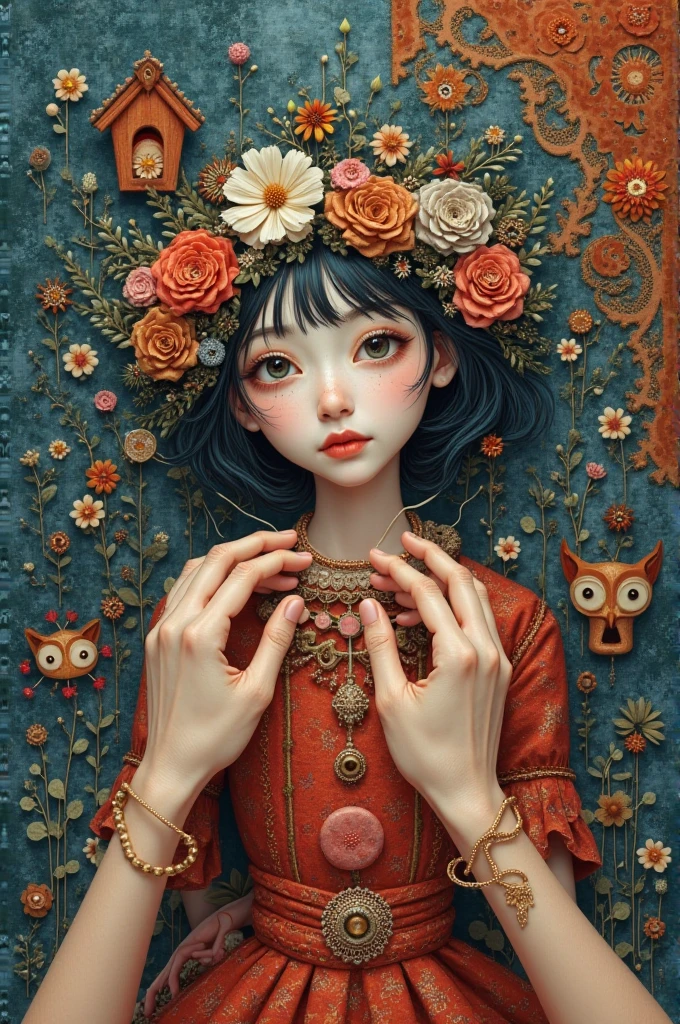 Immerse yourself in the enchanting realm of Russian fairy tales, where a (young girl:1.2) emerges as the embodiment of wonder and magic. Picture her donning a traditional (kokoshnik) adorned with delicate (Matryoshka doll) motifs, her (flowing locks:1.1) crowned with a wreath of vibrant (wildflowers). Inspired by the artistic styles of (Ivan Bilibin) and (Viktor Vasnetsov), blend Bilibin's intricate patterns with Vasnetsov's ethereal brushwork. Infuse the scene with a sense of whimsy, folklore, and a connection to nature, transporting viewers to a world where legends come to life. Ideal for children's book illustrations, fantasy-themed artwork, and celebrating the timeless allure of Russian folklore.