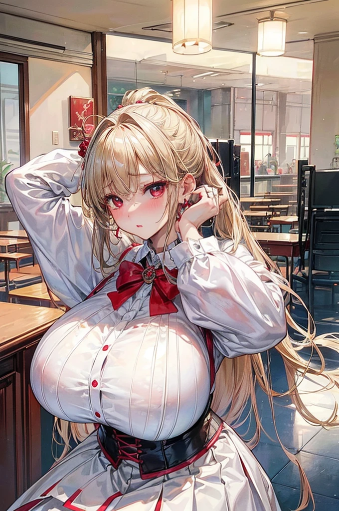 (masterpiece:1.2、highest quality、T Masterpiece)、1 female、alone、classroom、Day、sit、blonde、ponytail、red eyes、(sailor suit:1.25)、(black skin:1.25)、big breasts、pantyhose、put your hands behind your head、(Baggy cardigan:1.25)、earrings、lipstick、very sweaty、Scrunchie、choker、blush