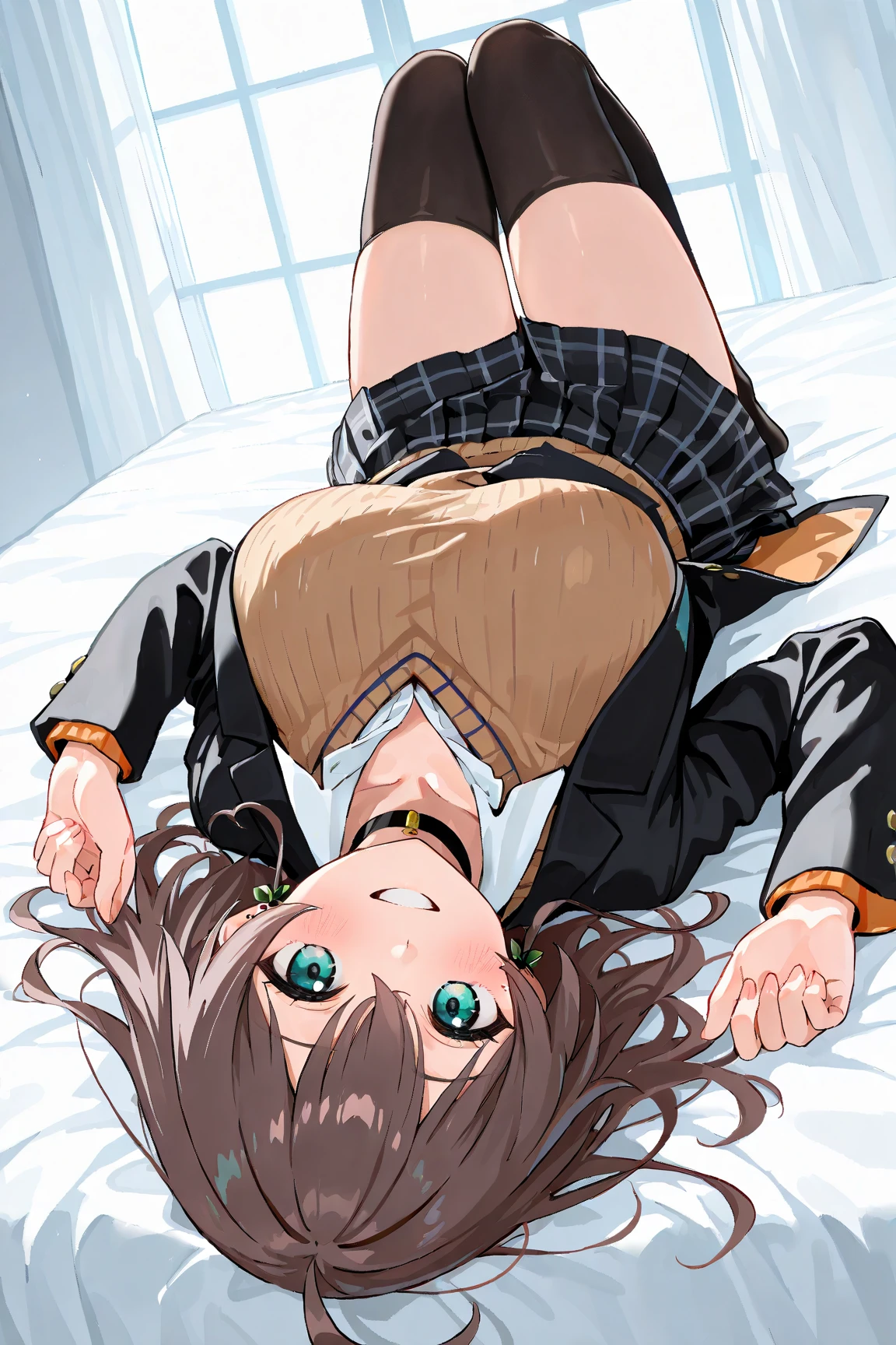 detailed illustration, dynamic angle, ultra-detailed, illustration, 1girl, 18 year old, school girl, wavy brown hair, long hair, bright brown eyes, hearts, white shirt, blue plaid skirt, cleavage, flush, blush, arousal, laying on bed, drunk, dizzy, swirl eyes, wide eyes, open mouth, confused, wide eyes, shocked eyes, amazed eyes, beer bottle, happy, smile