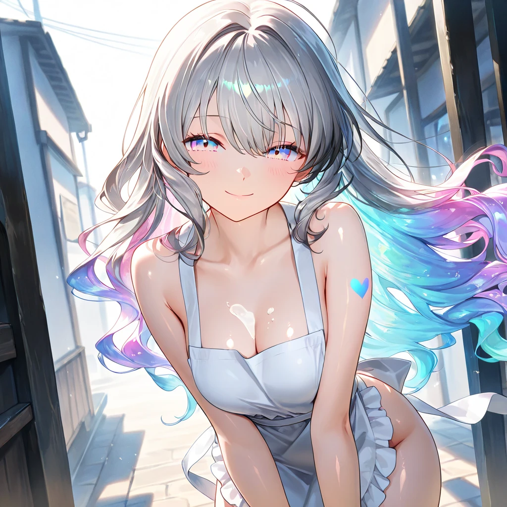 A super beautiful girl，long  white hair，Light blue camisole vest，The top is soaked，Cover your chest with your right hand，blue thongs，The bust is 36F，Cool feeling，Korean style，full bodyesbian，Low saturation colors，Look into perspective，In the background is a bus stop
