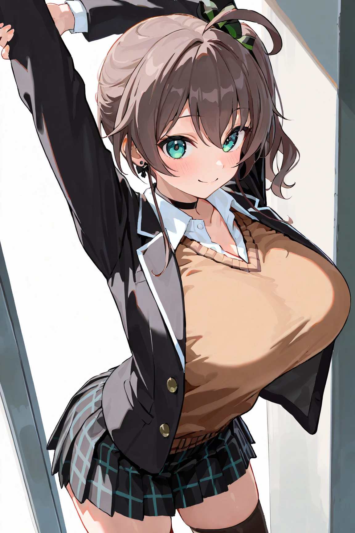 (best quality), (Super detailed), (Best Illustration), (1girl), look at viewer, upper body, (black blazer:1.2), (clothes lift:1.3), (large breasts:1.2), (show off bra:1.3), blush, brown hair, (bob cut), curly hair, hairs between eyes, blue eyes, (school:1.3),
