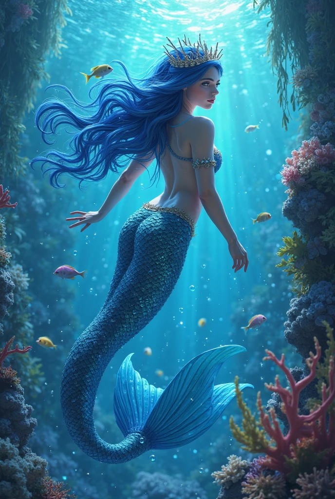 A mermaid swimming under the sea with rocks and fishes, coral, purple tail and blue hair.
