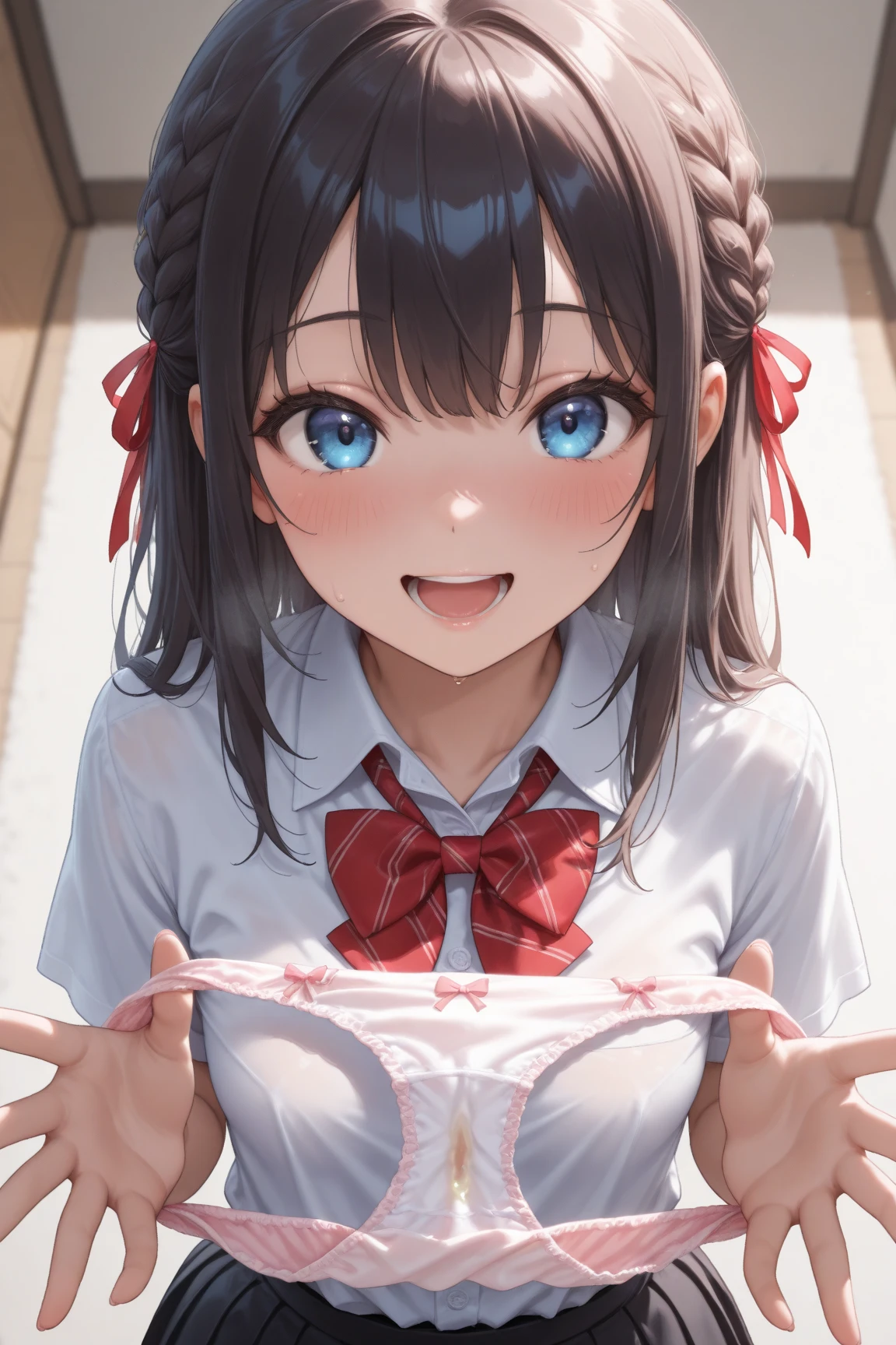 Beautiful girl at 13 years old,Japanese,Small and slim,Flat Chest,Small breasts,Baby Face,Small face,Black Hair,black eyes,Twin tails,lingerie,fellatio,open mouth,cum on tongue,handjob,Kneeling and sitting,Beautiful and detailed anime art,First-person view,A mischievous smile
