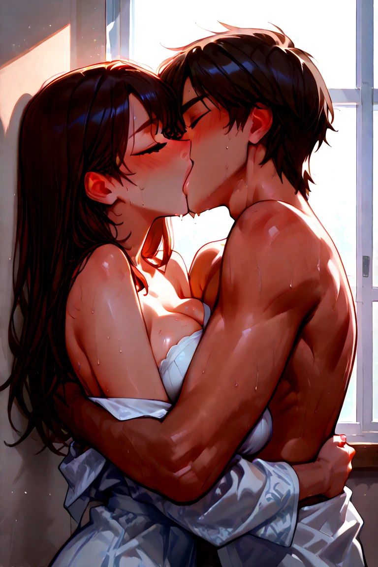 shinkai makoto, kimi no na wa., 1boy, brown hair, closed eyes, ,muscular, fave to face, passionate hug,kiss, deep kiss, 1girl, light maroon hair, long curly hair, two strands framing her face, closed eyes, light pink lips, medium breask nipples, cuors, night, bedroom, lamp, lights off, two strands framing her face, masterpiece