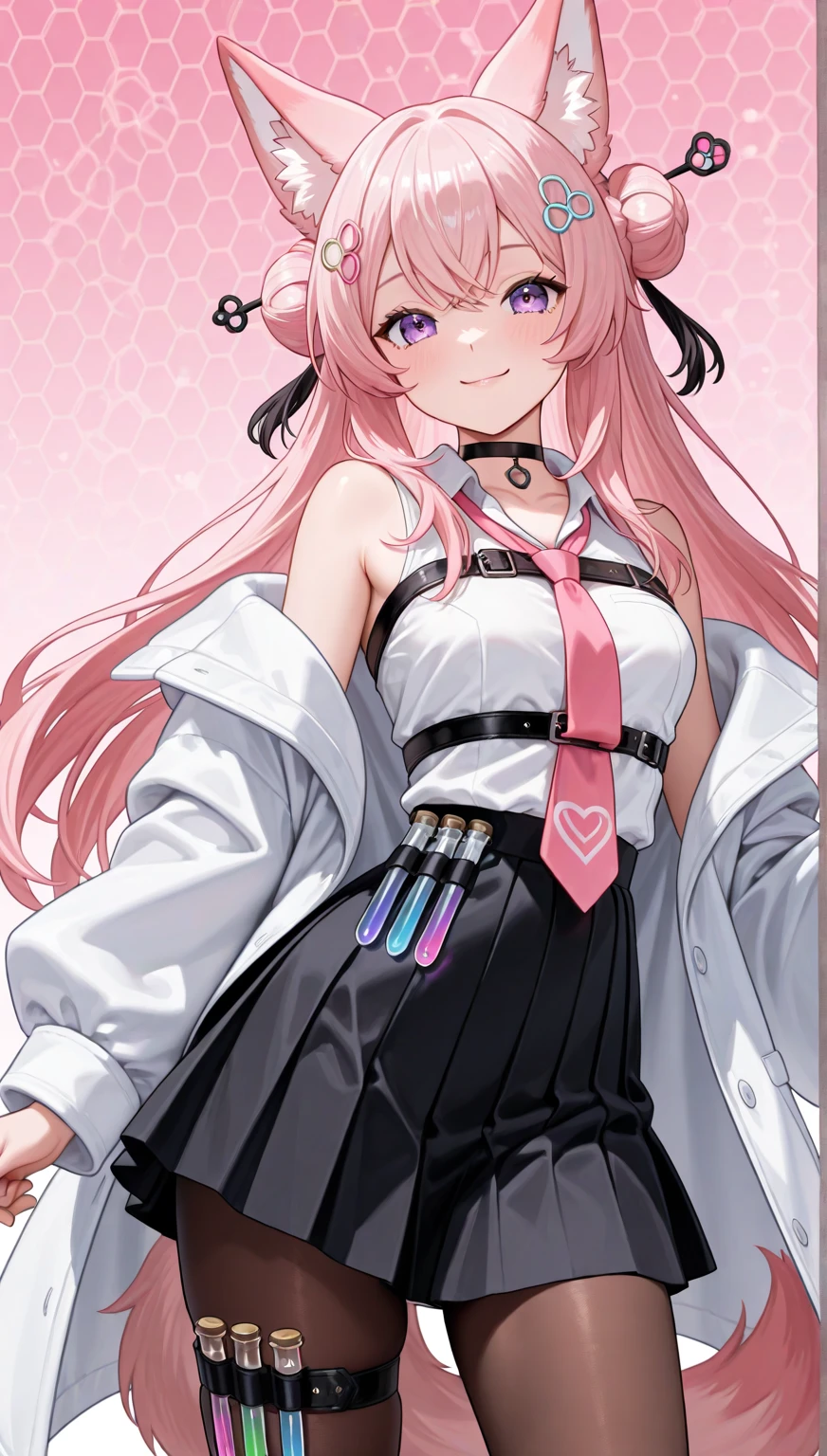 masterpiece、、1 female student、White cloth bun bun bun、big shoulders、chubby、Smile、Black suspenders、lace leggings、light pink lips、posing at school,(Soaked all over),legs are open, solo, White polo shirt, looking at the audience, (Thick thighs:1.0),Yazawa Nico,red eyes, Blushed,Blunt hair,hands on hips,greet,Flower headdress,Large scissors,black yoga pants