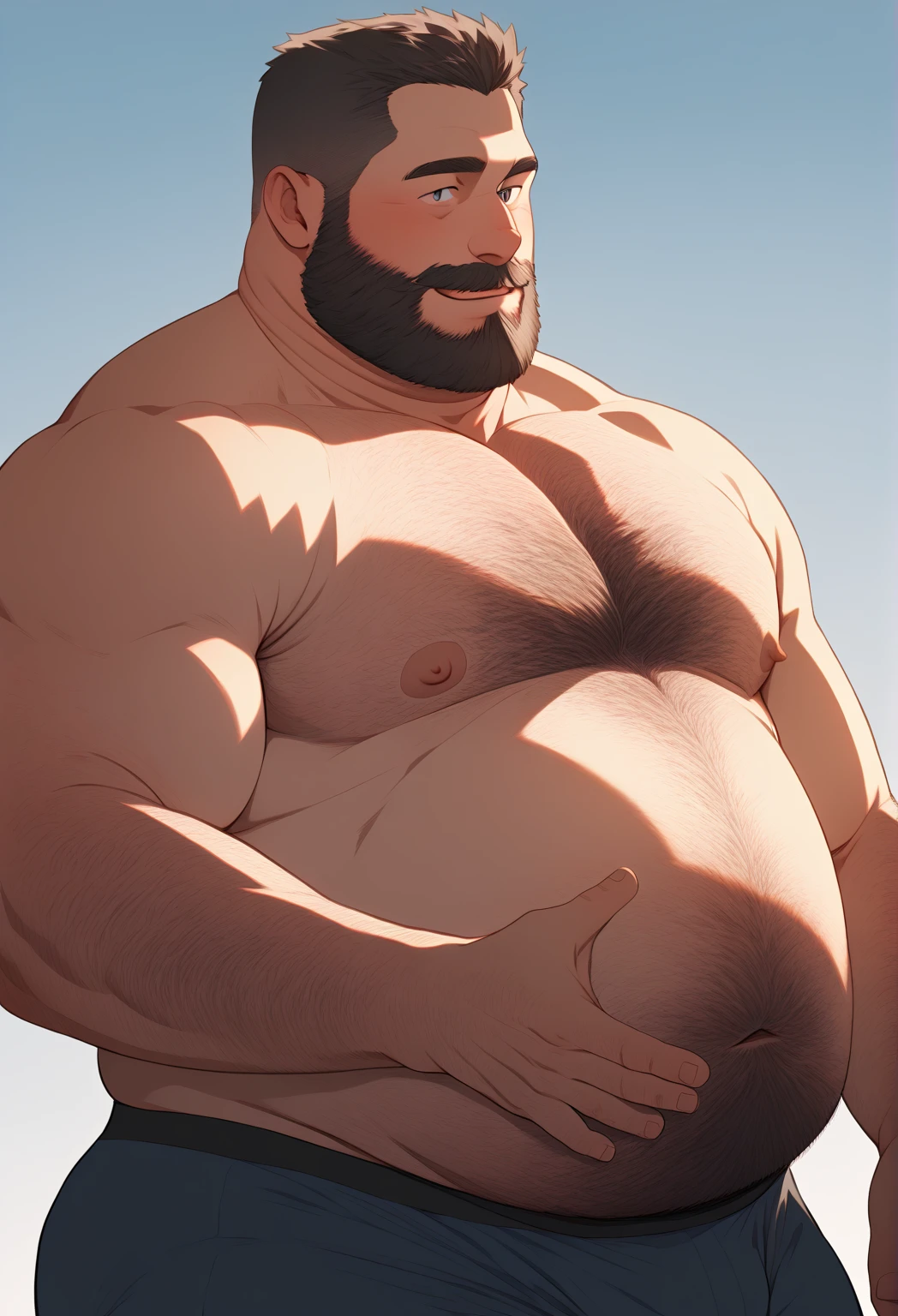 Chubby, ((massive pecs, belly, ass)) furry, white full body, big body, white hairy, boxers, bulge, ass, beard, daddy, daddy face, father figure, seductive, plain background, white background, masculinr, by darkgem,NSFW, big belly, round belly, musclegut, big stomach, overweight, thicc, obese, GUT