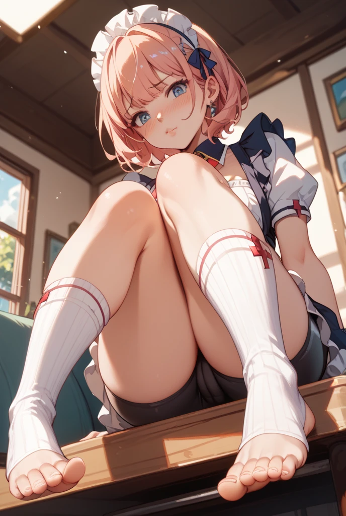 Masterpiece to the smallest detail、top-quality、1girl in、Solo looks 12 years old、150cm petite beautiful girl、small tits、12-year-old baby face、red hairs、Gradient bob in the forward、Pink and violet mesh、red eyes、Red eyes、Tall, big eyes、Outstanding looks、A lovely child、proximity、closed_mouth、a smile、red blush、full of shyness、blue headwear、Hats、pink bowtie、校服、 Blue jacket、jaket、skirt by the、Gray skirt shirt、white shirt、an legs、Black socks、sitting on、Classroom、hair_ornament、looking_at_viewer、beatiful detailed eyes、Akame、panties on、lift up one's skirt、Professional effects、